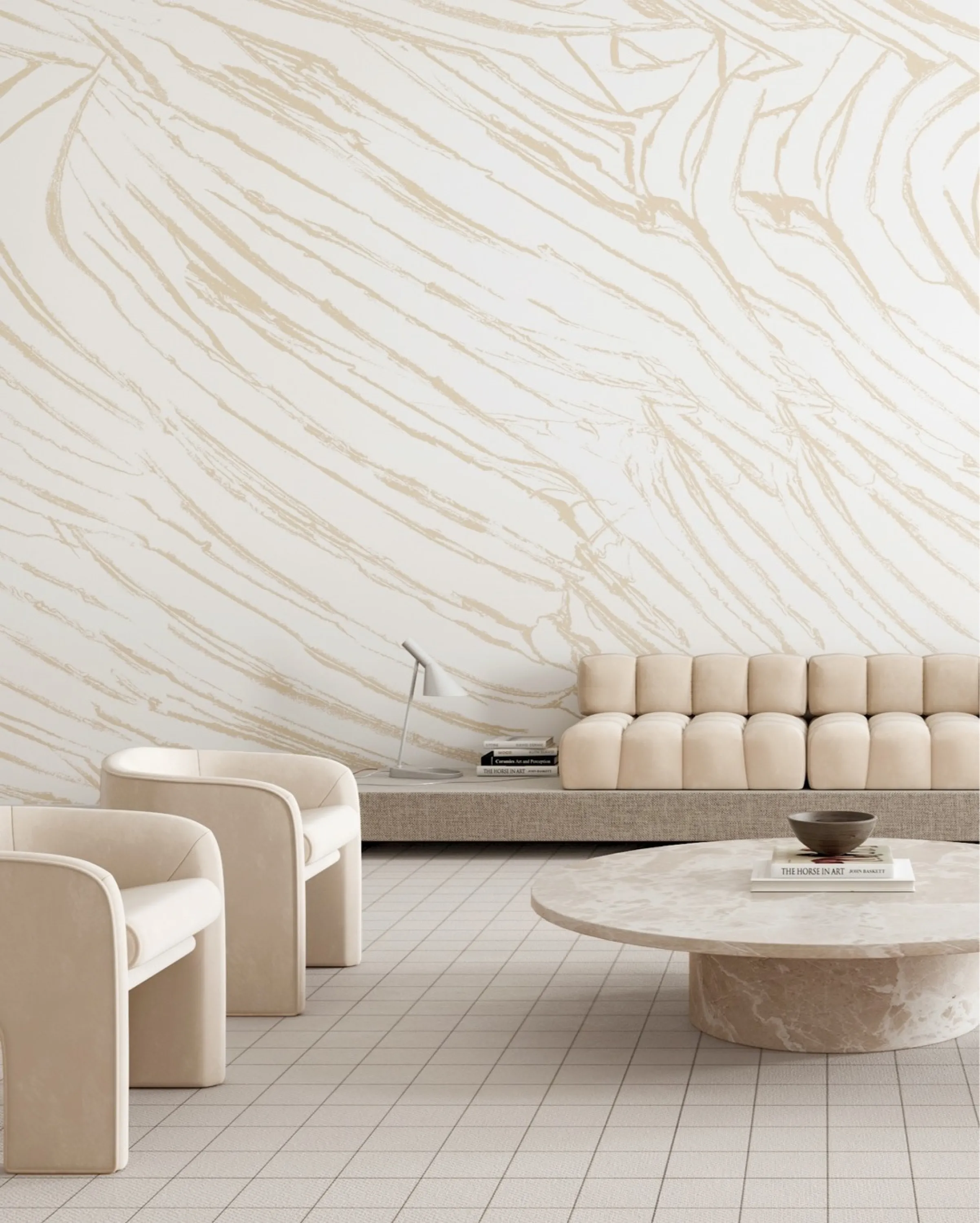 Beige interior with patterned wall and floor adding character.