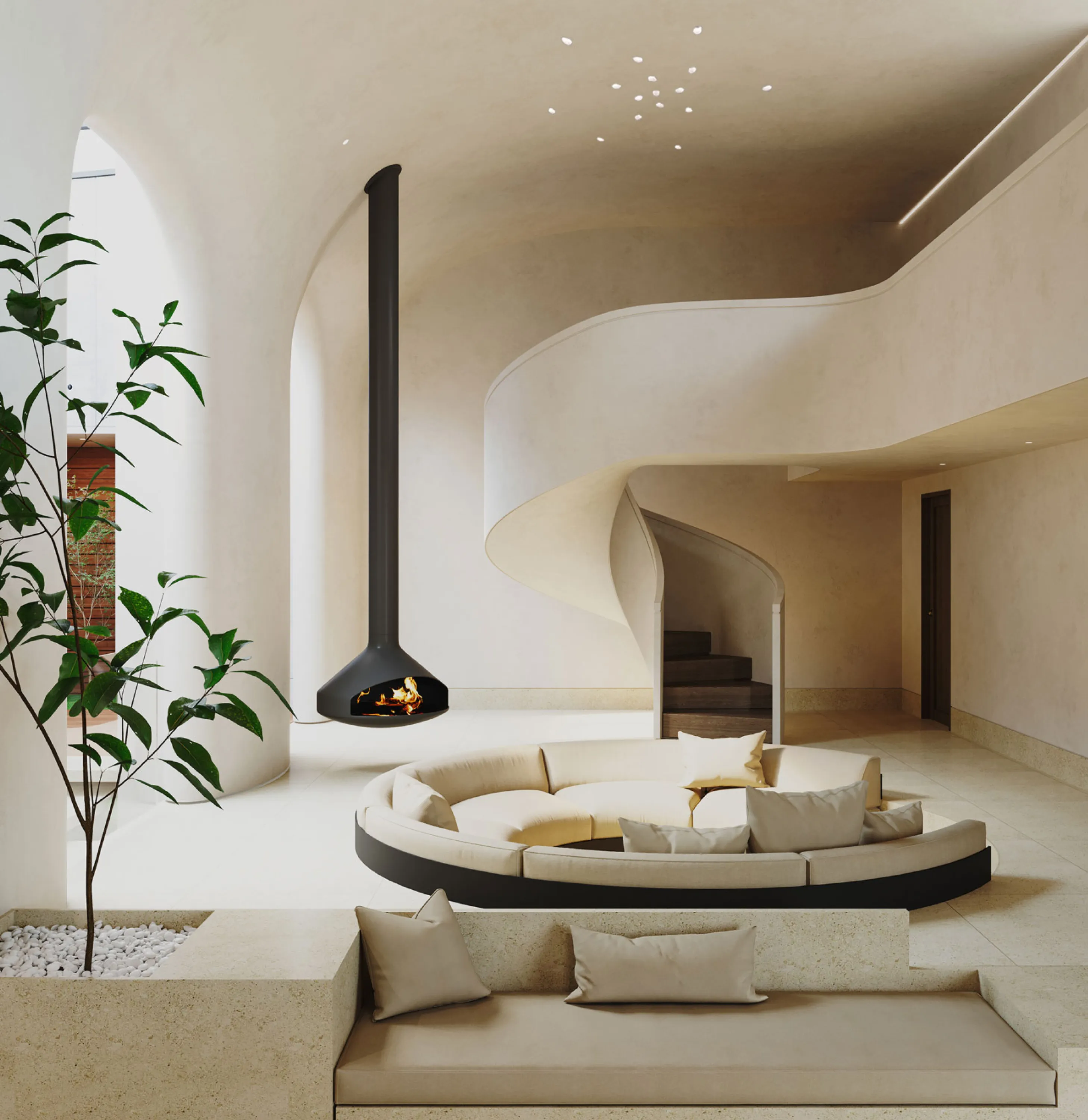 Sunken seating area with fireplace and outdoor view.