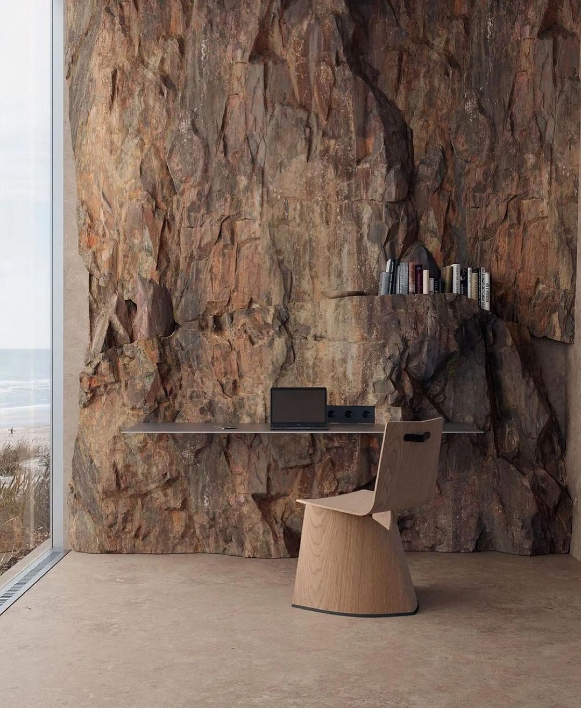 Total-brown office area with rich wood texture on the wall.