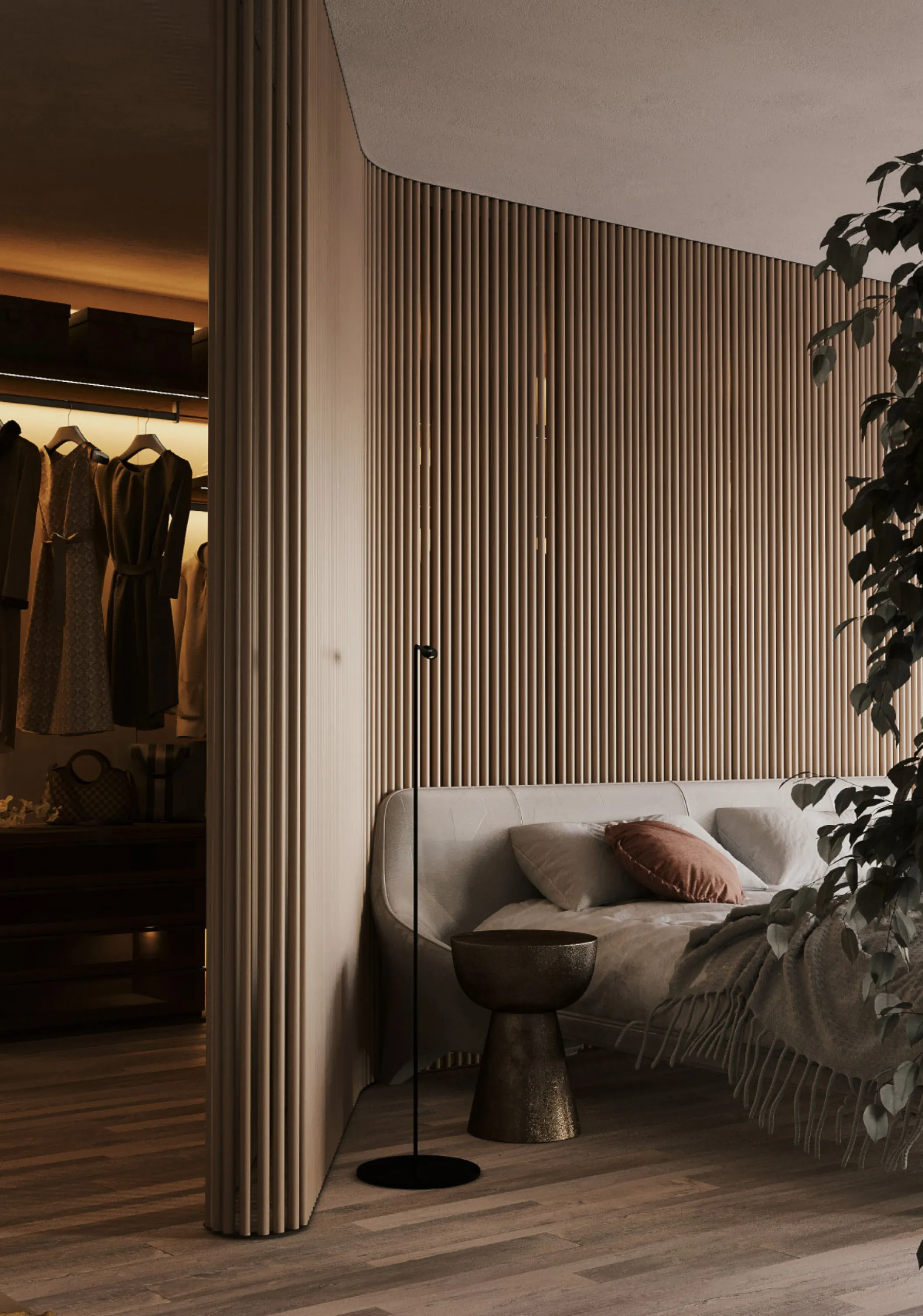 Bedroom with rich natural textures.