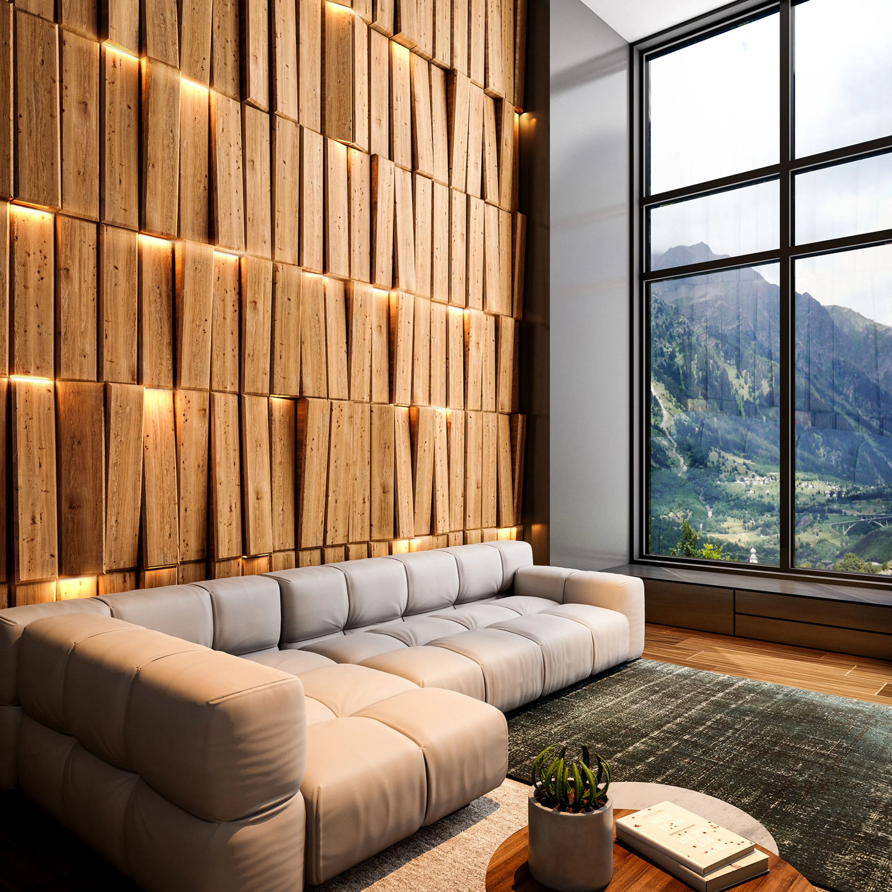 Reclaimed wood tiles on the back wall of a living room.