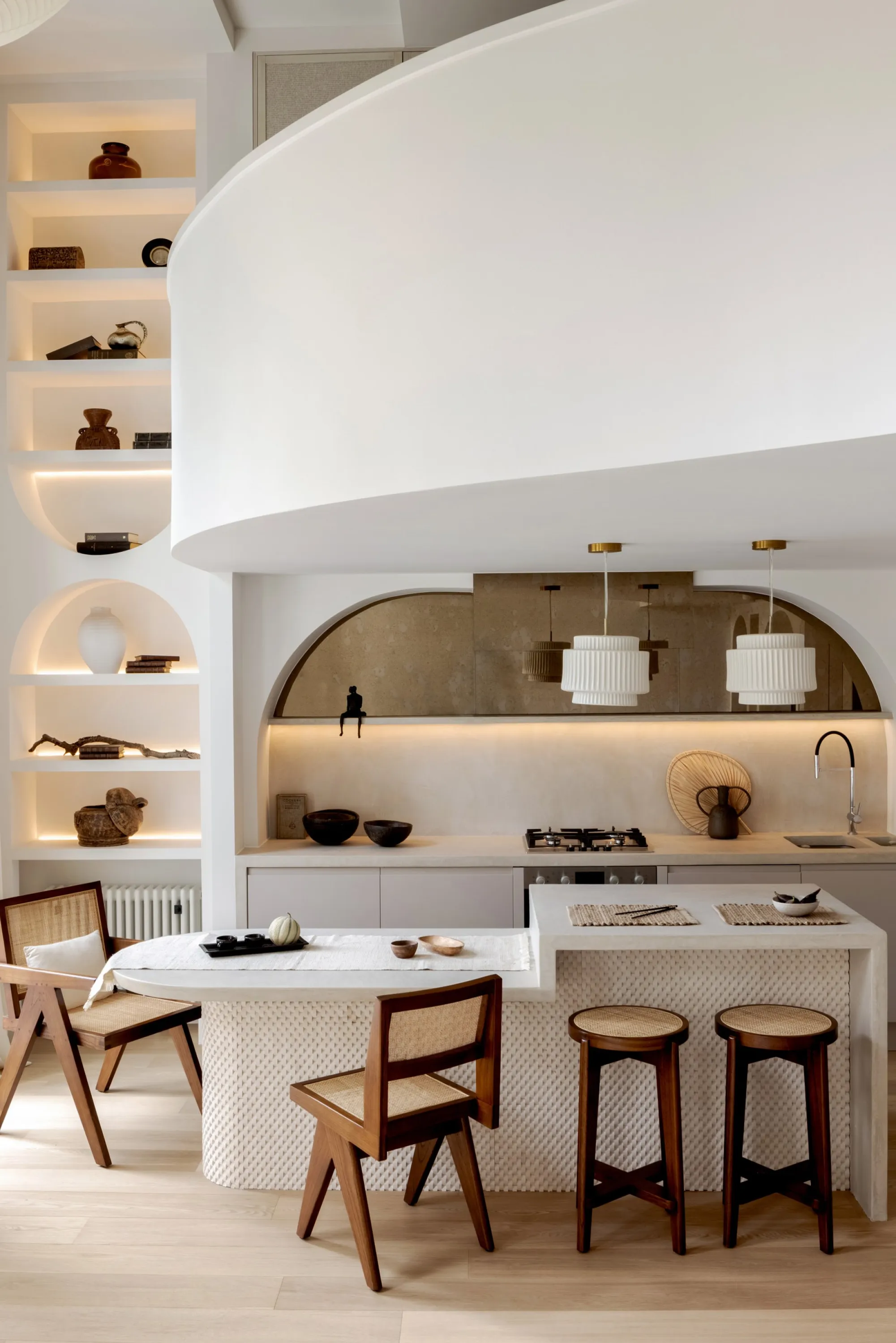 Mainly white interior with dark brown accents throughout.