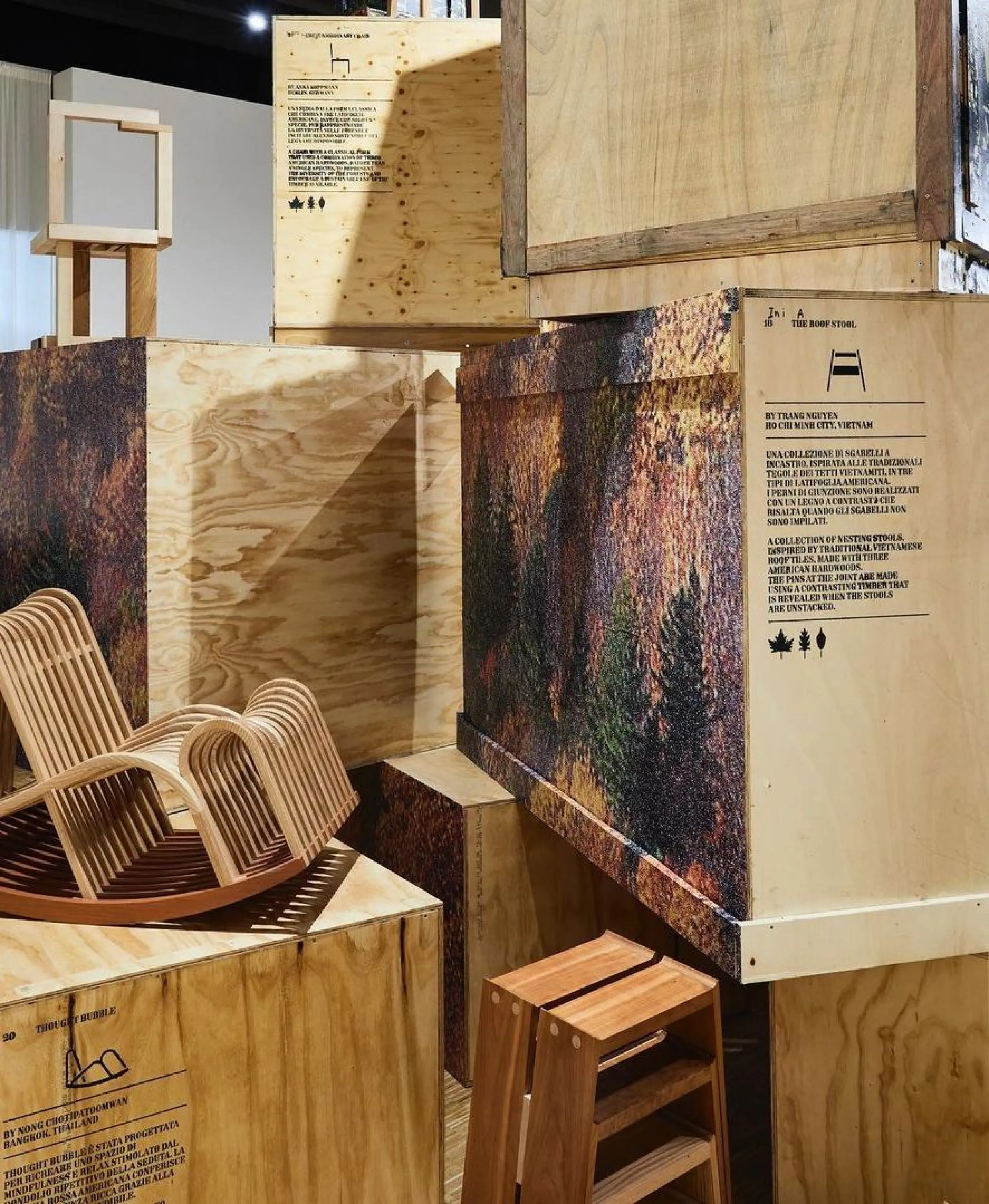 Close-up of the decorated wood crates.