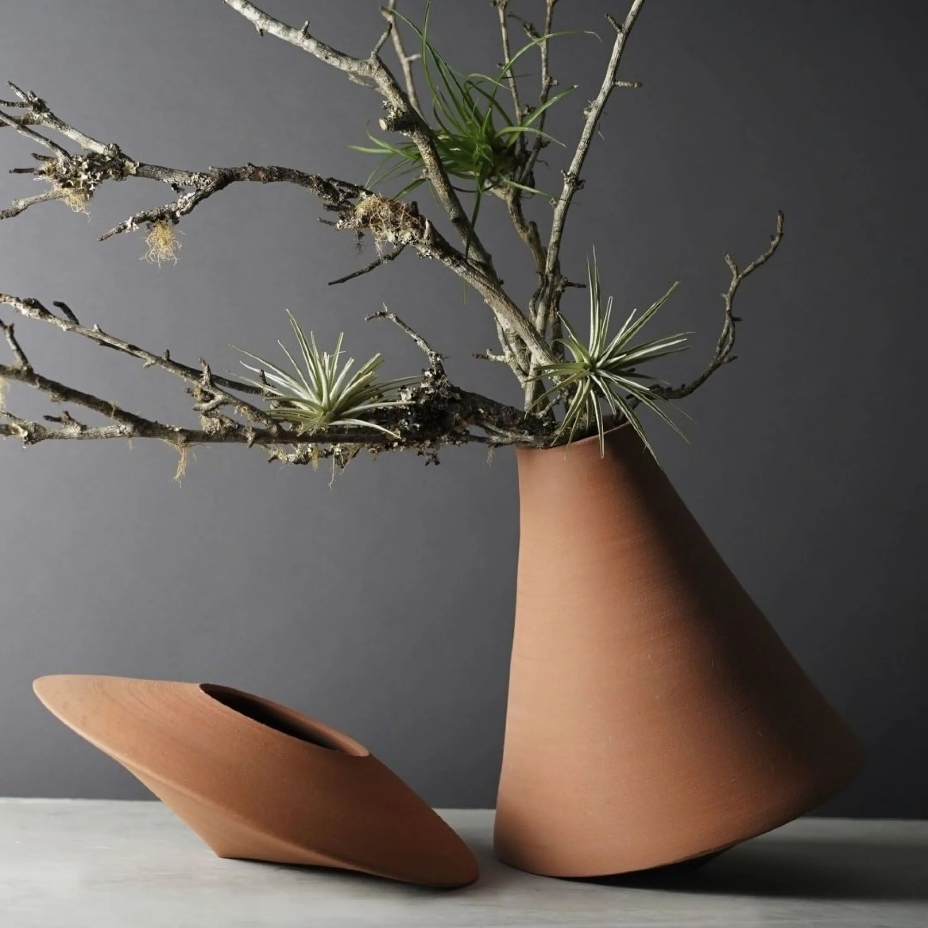 Branches with touches of green arranged in a slanted vase.