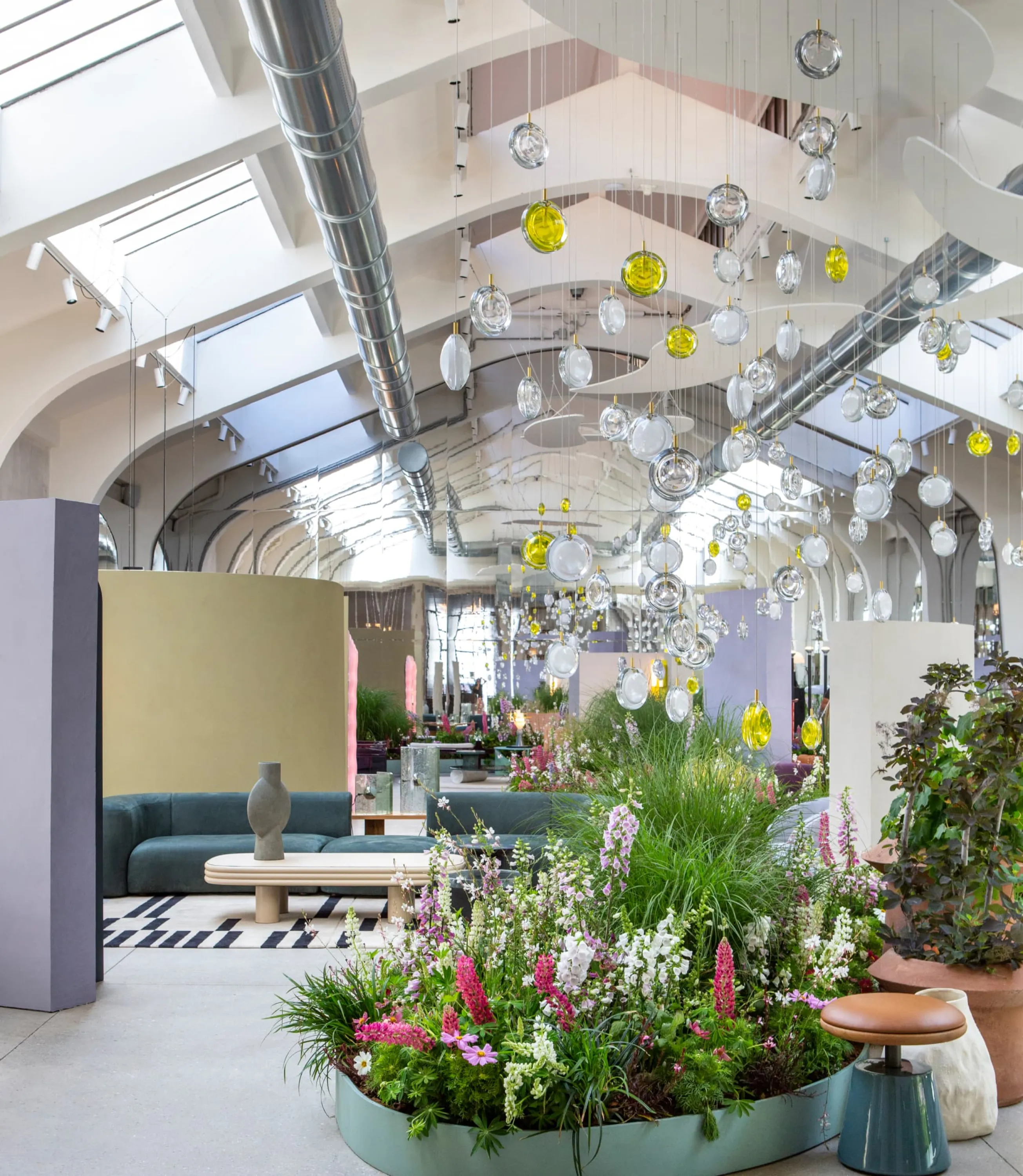 View of the showroom with indoor flowerbeds.