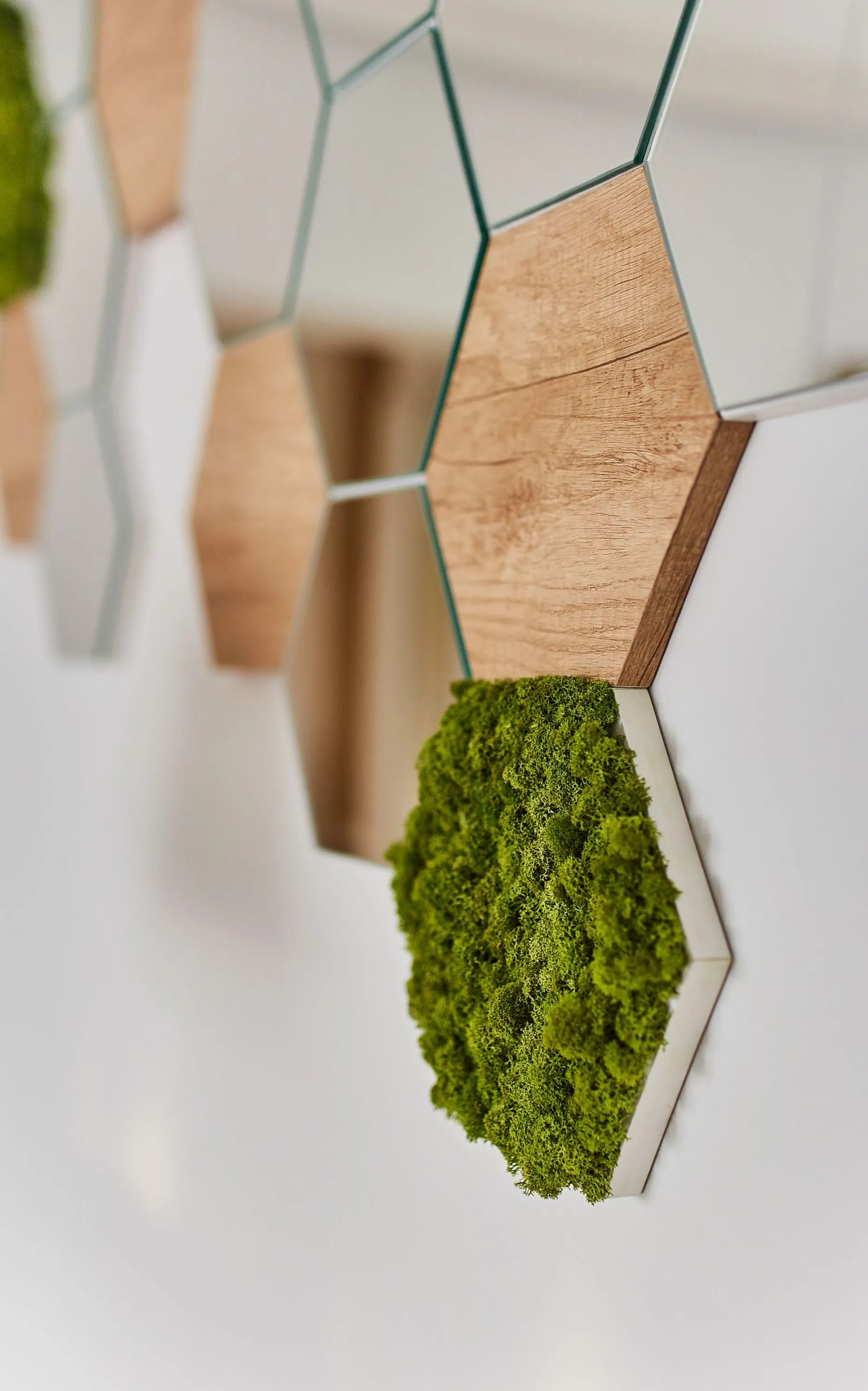 Wall mirror with wood and moss elements.