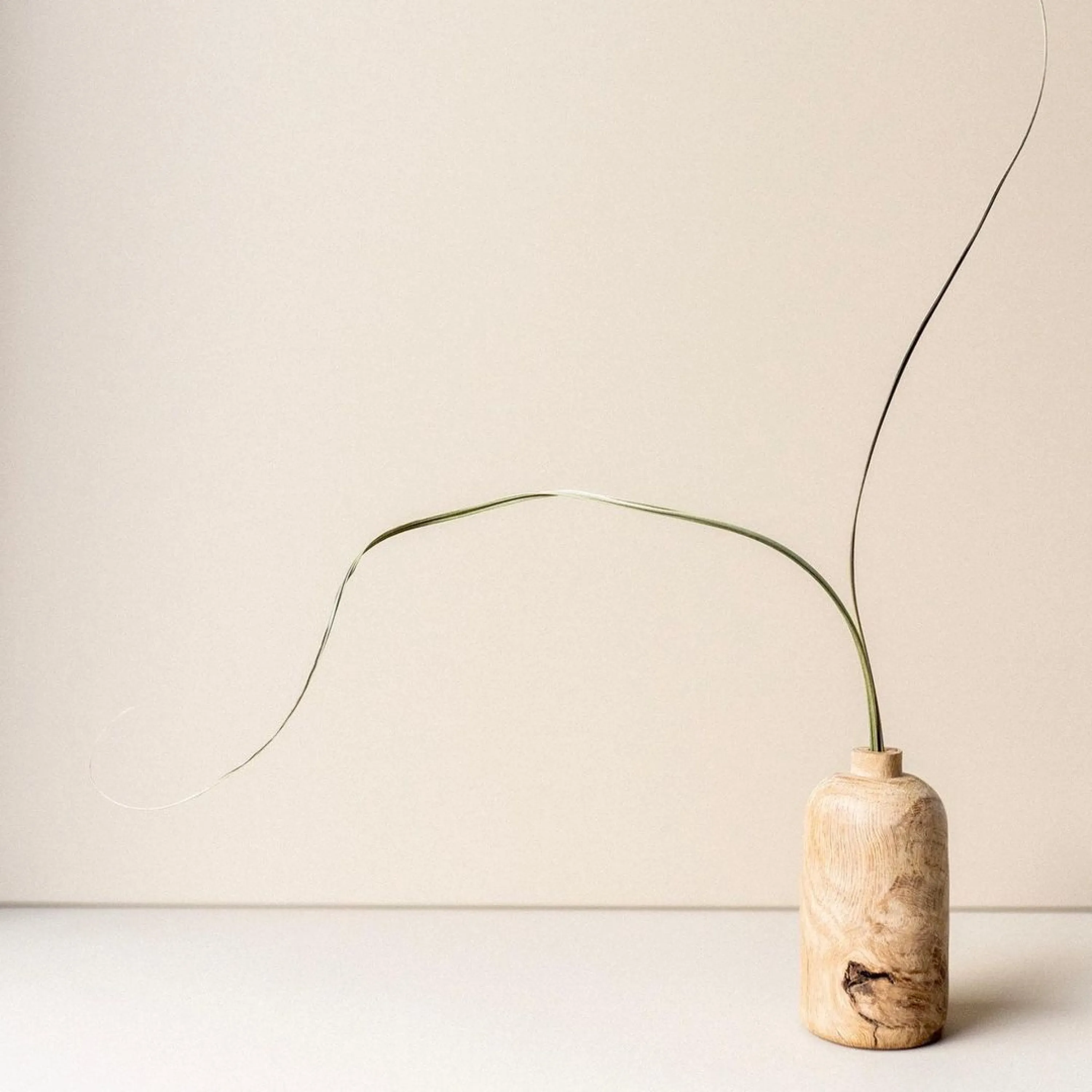 Two strands of grass arranged into a wooden vase.