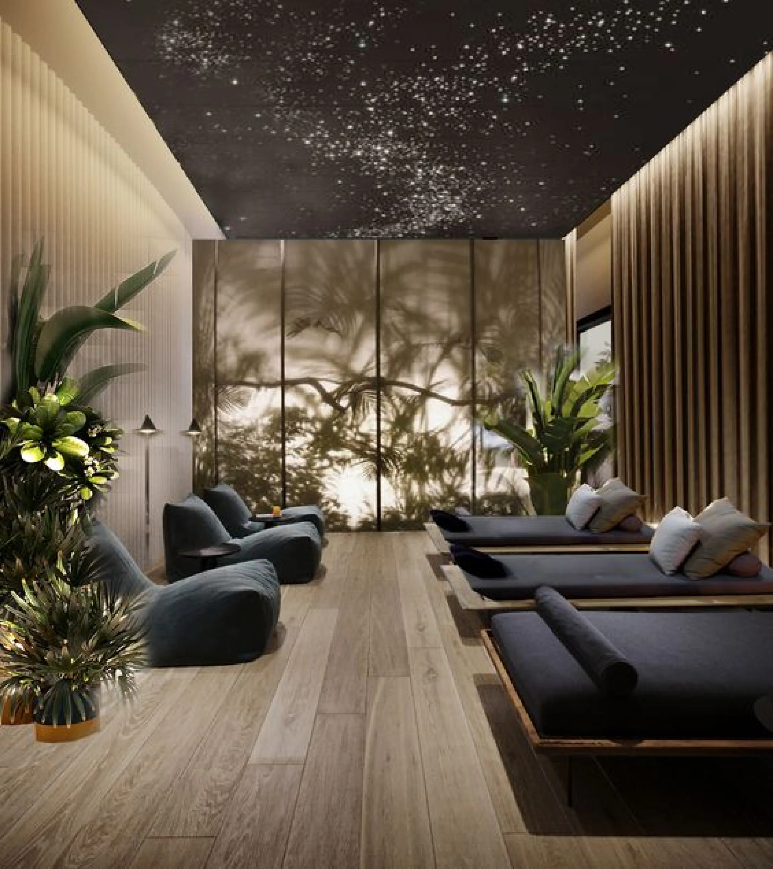 Massage room with ceiling lights in the shape of a star constellation.