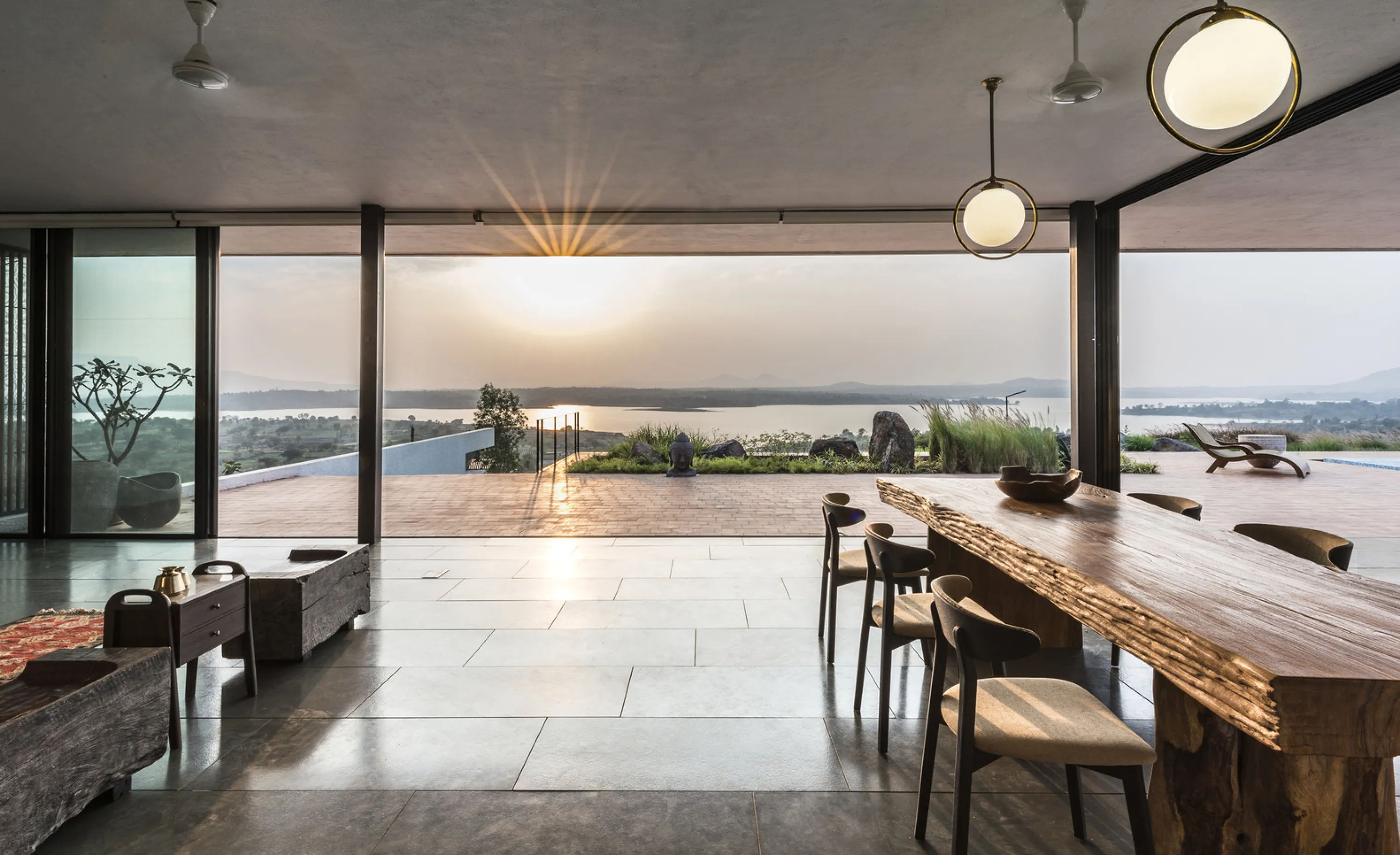Indoor-outdoor space at sunset.