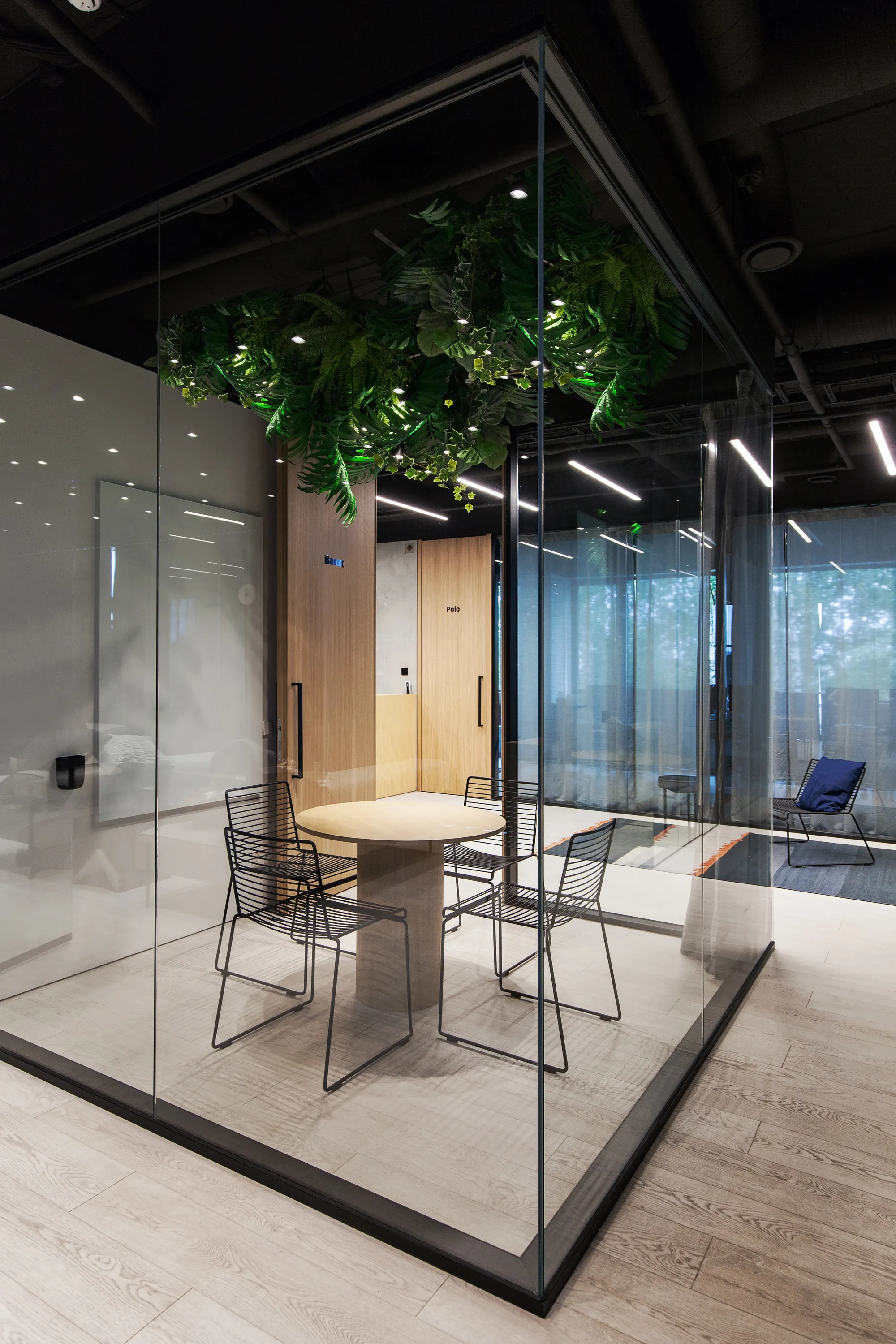 Small meeting room with glass walls and plants hanging from the ceiling.