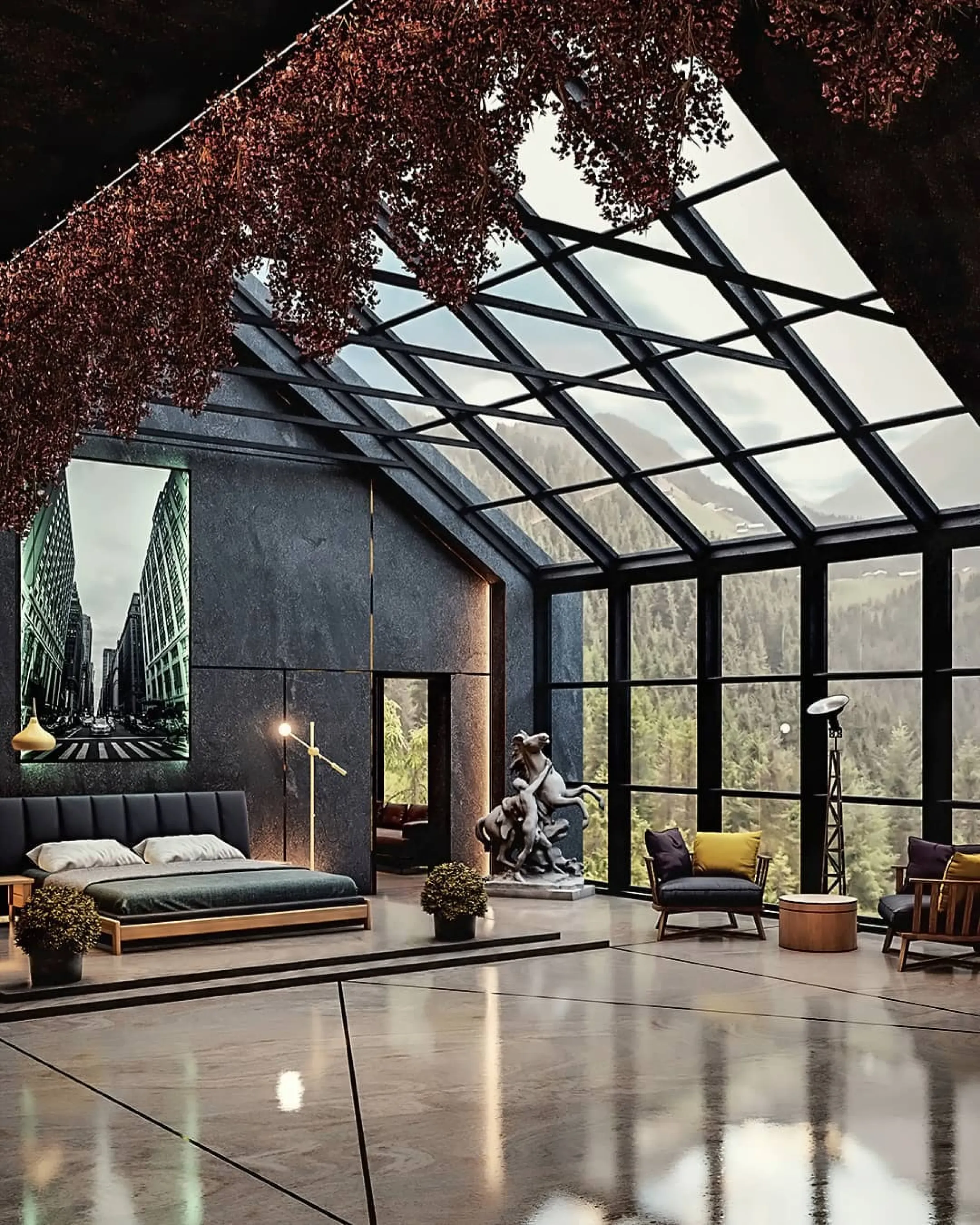 Bedroom with hanging plants highlighting the vaulted ceiling.