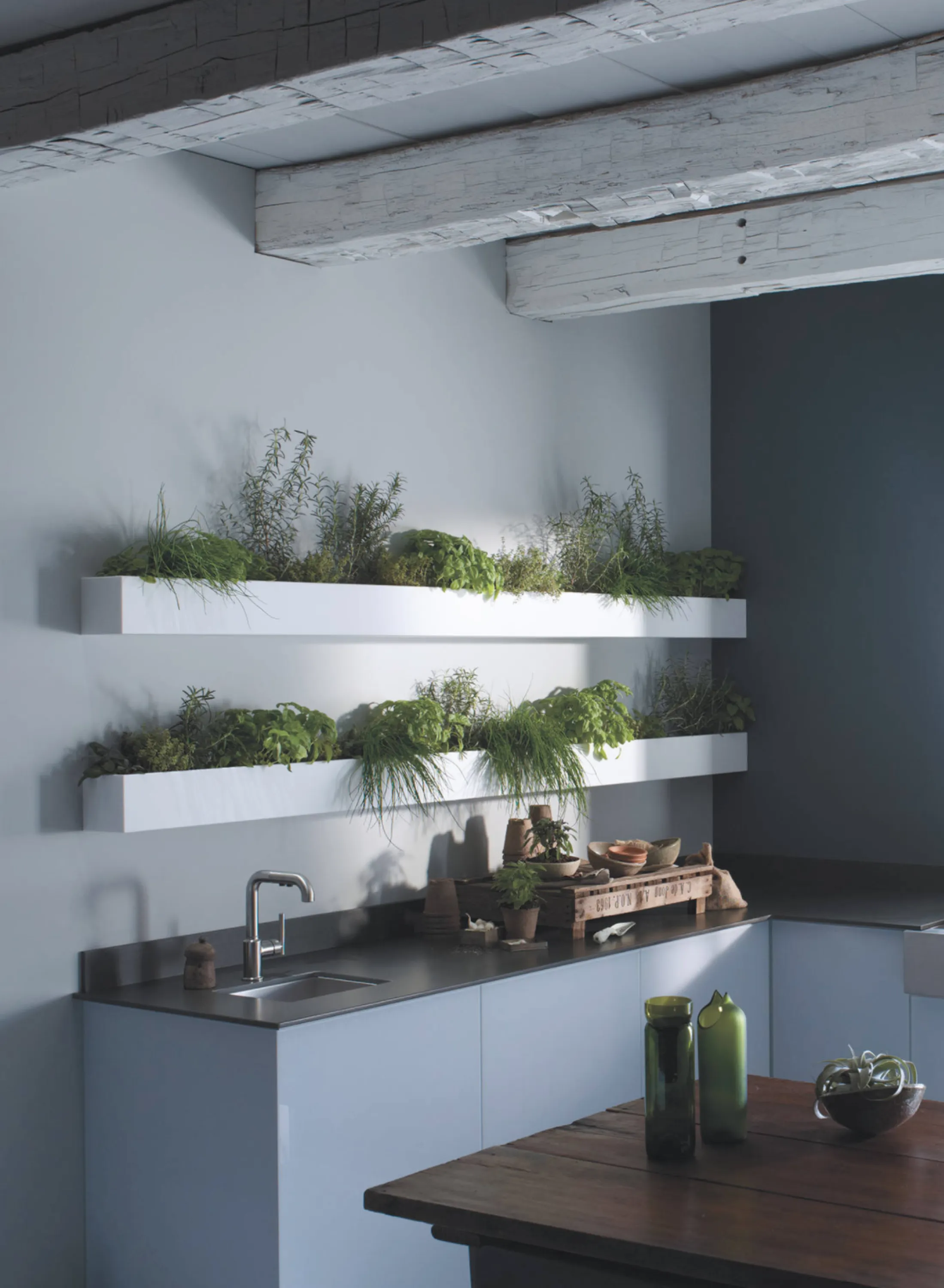 Hanging herb planters in a contemporary kitchen.