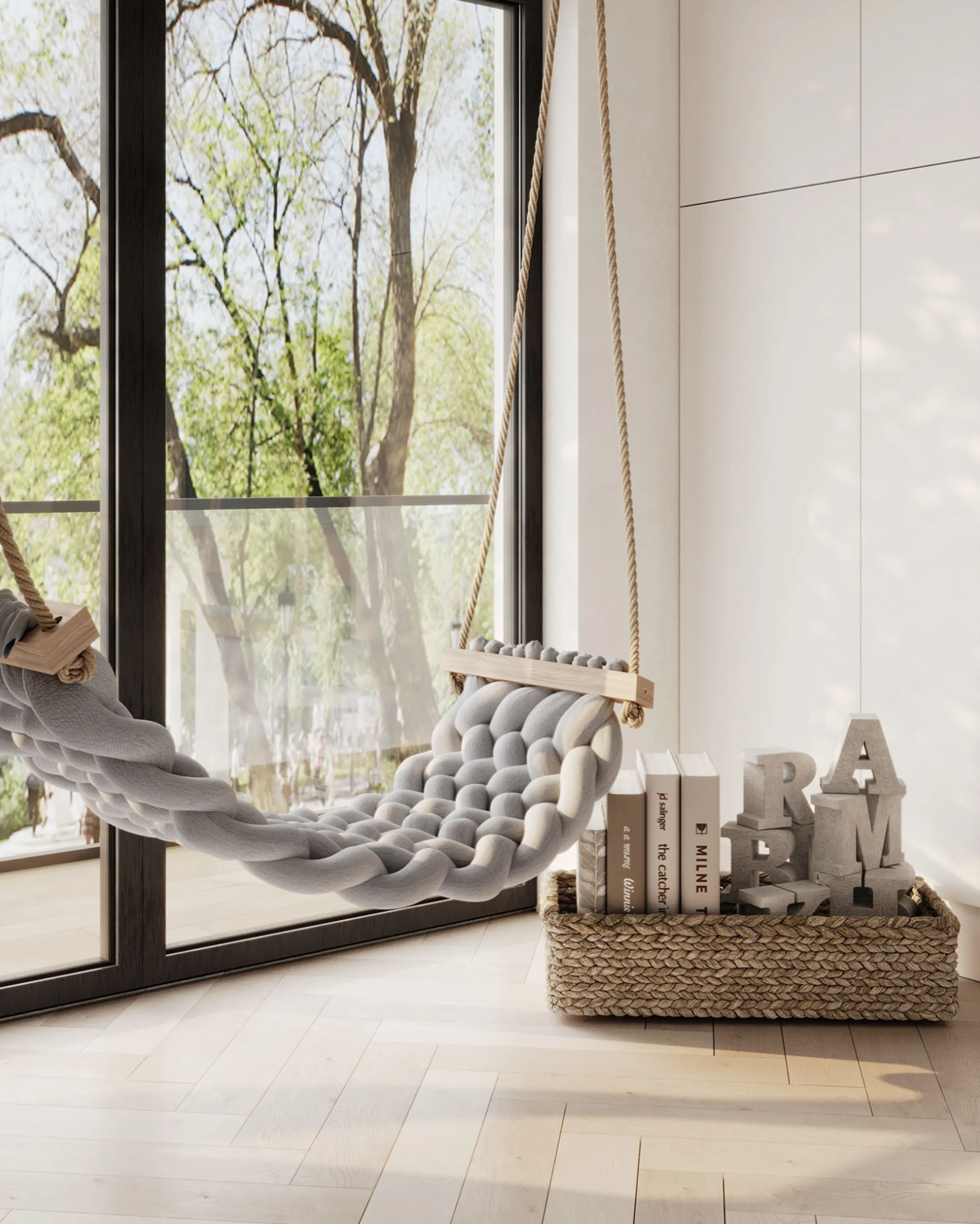 Textile swing in front of a window.
