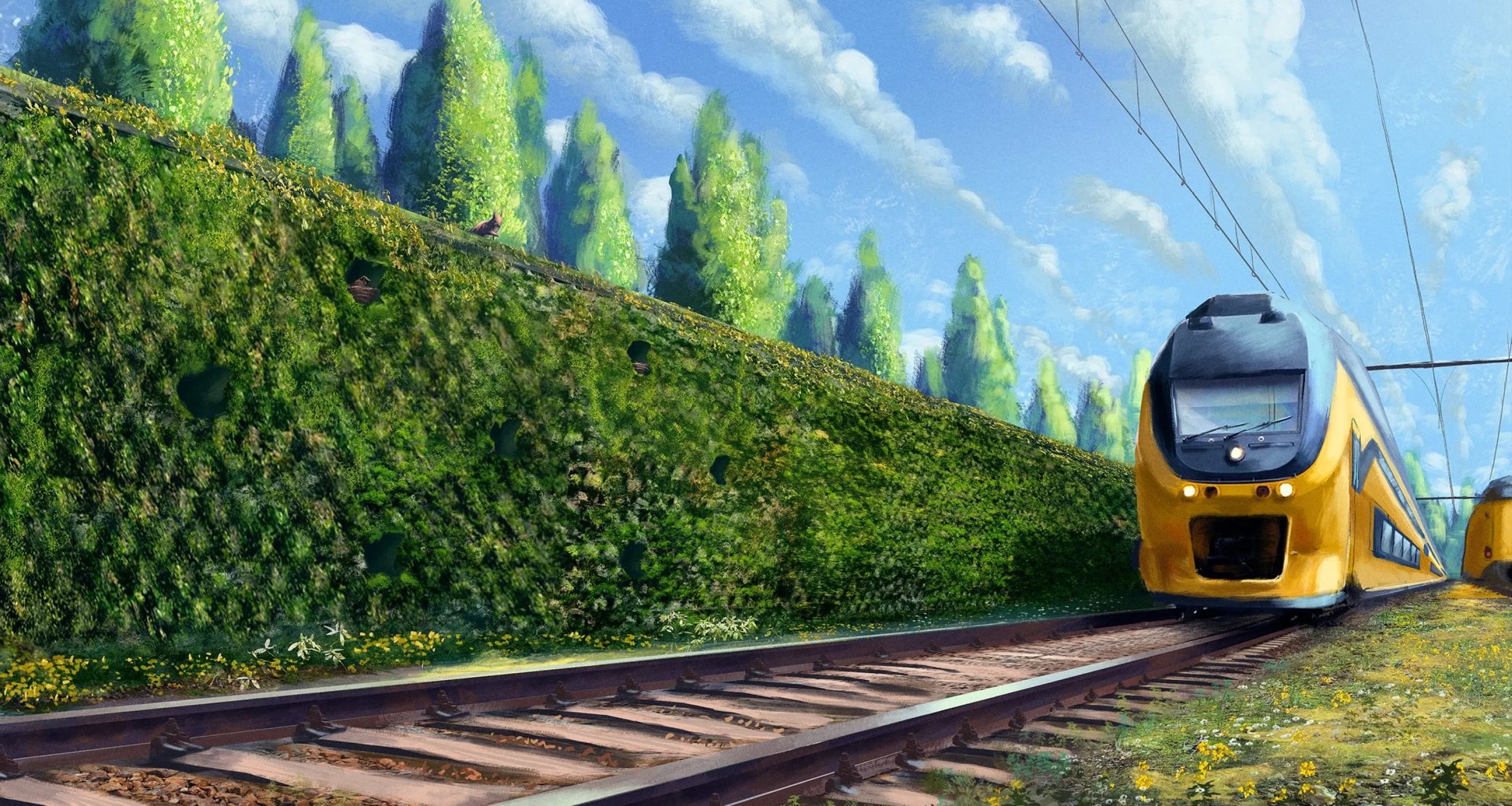 Visualization of bioreceptive panels in place, creating a green view for travellers.