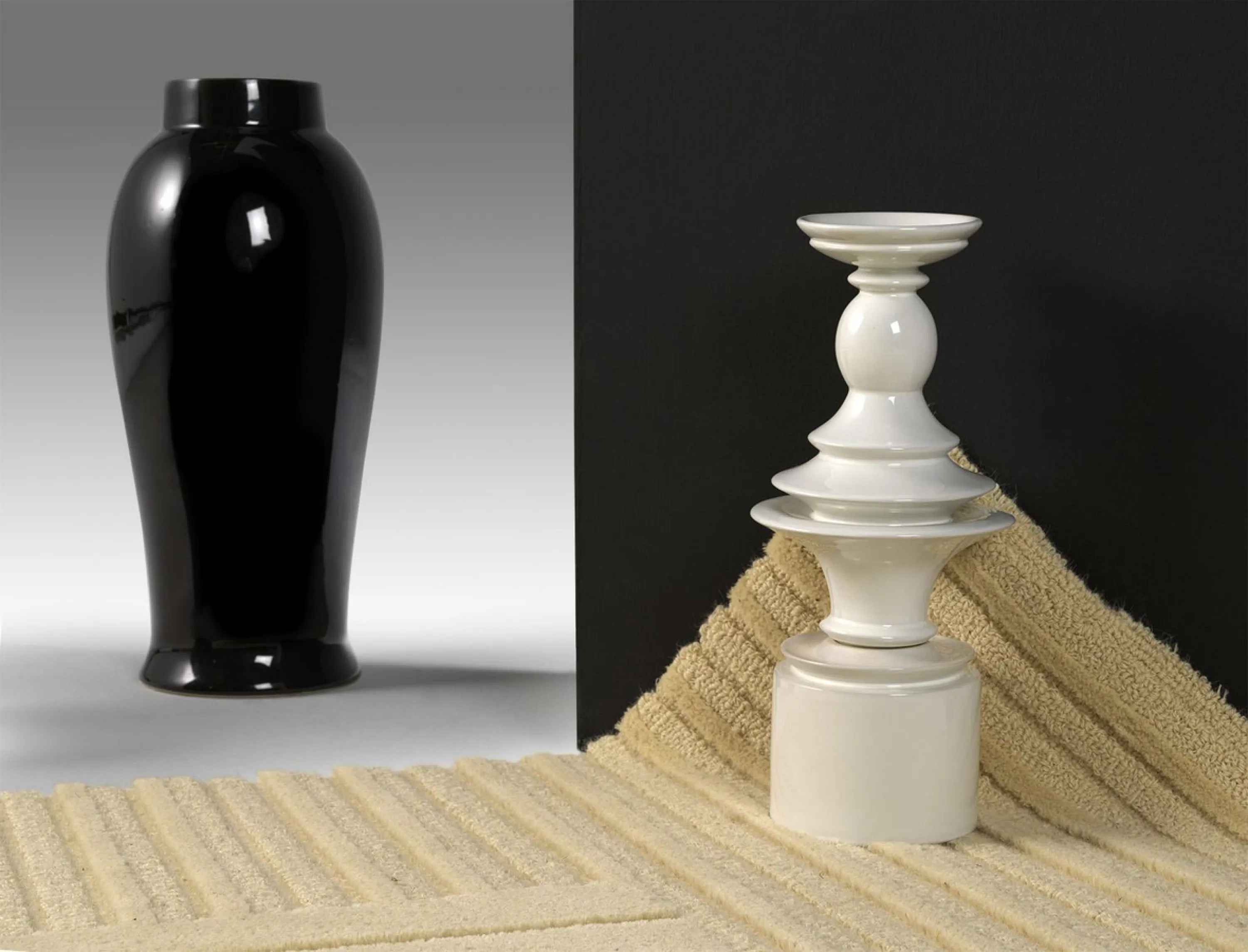 A Robotuft rug styled with huge vases.