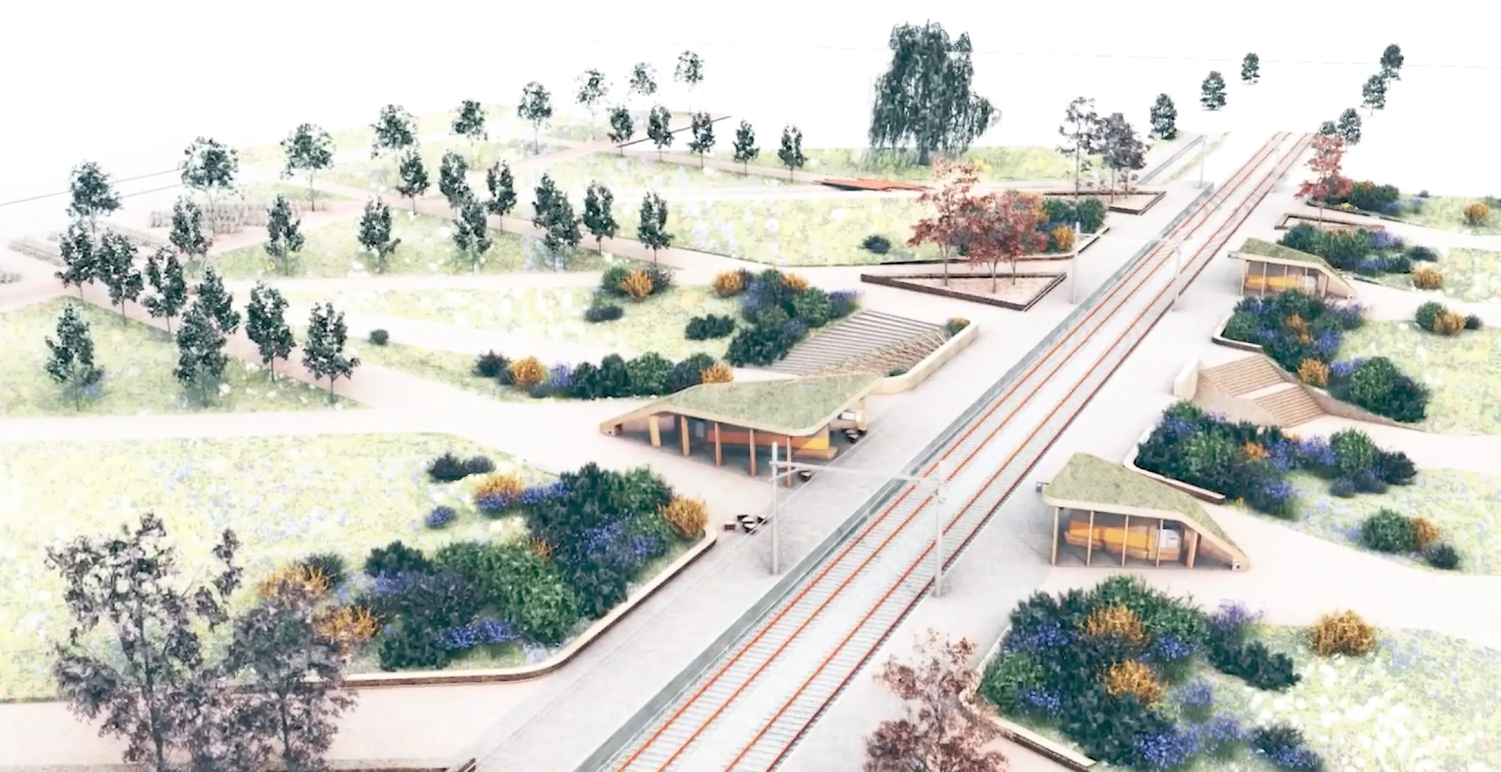 Top-down sketch of a railway station where the infrastructure is integrated into a green space.