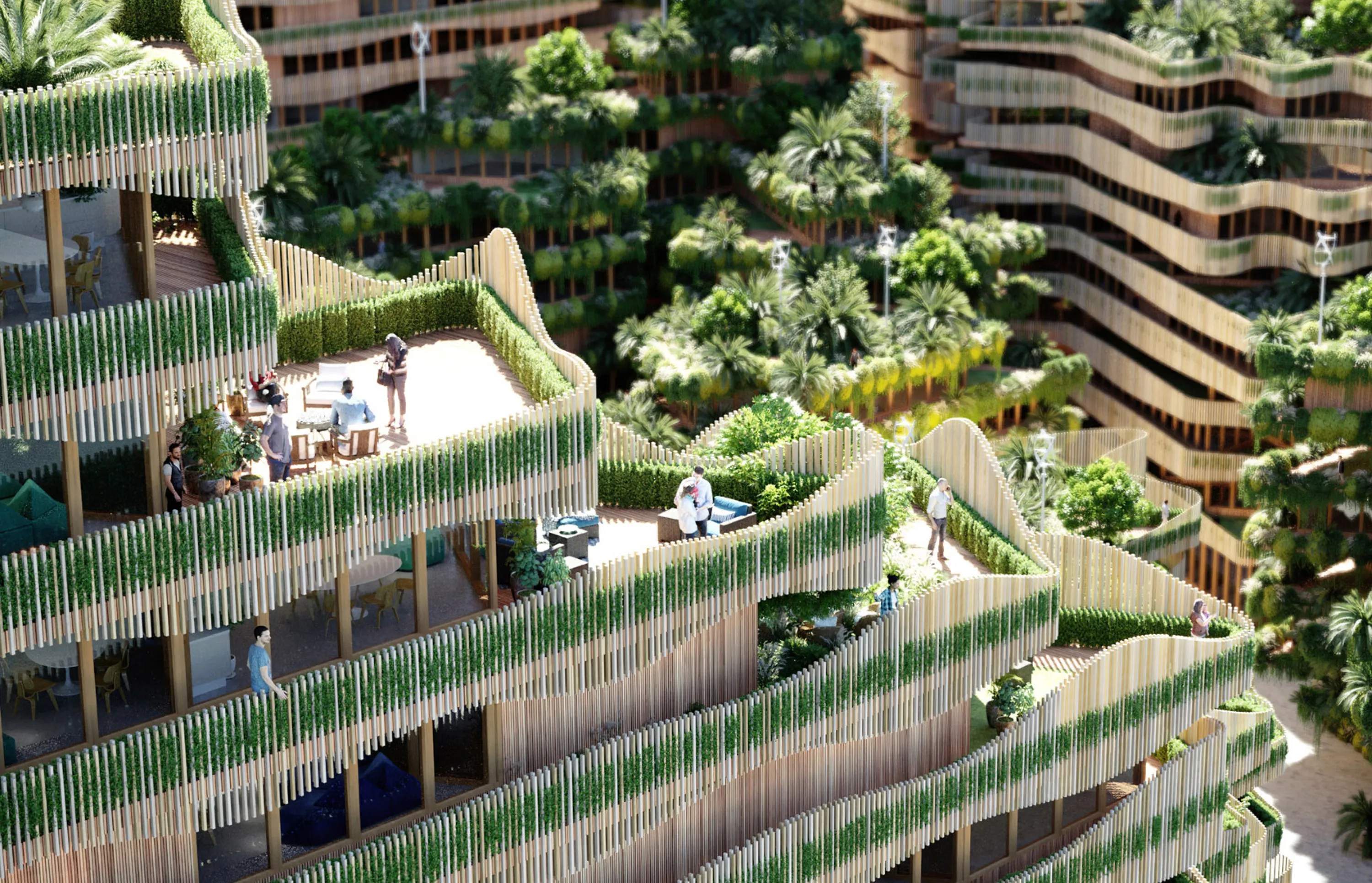 Building cladded in timber with hedges planted on the balconies peeking through.