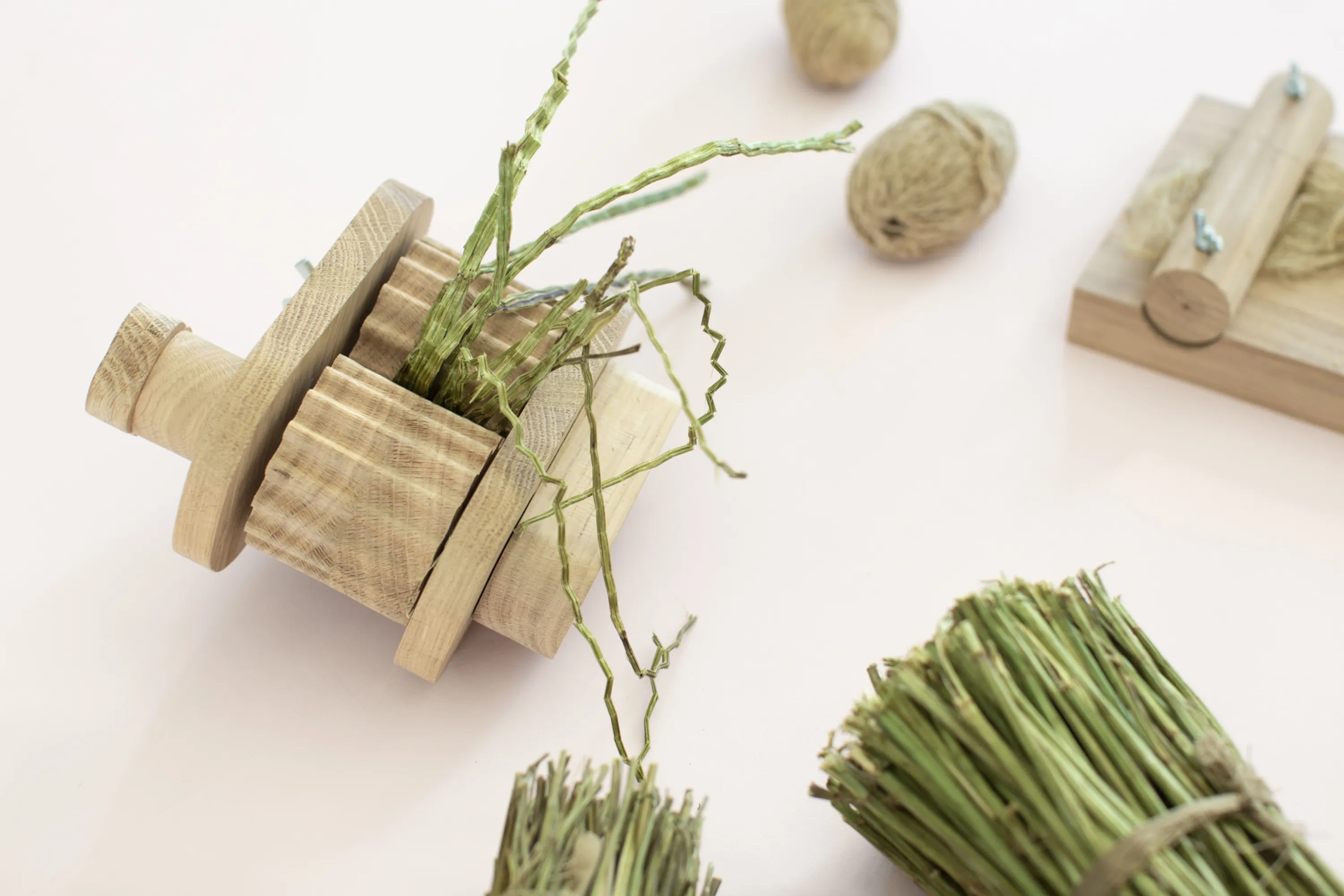 View of the process of turning stinging nettle into a workable fibre.
