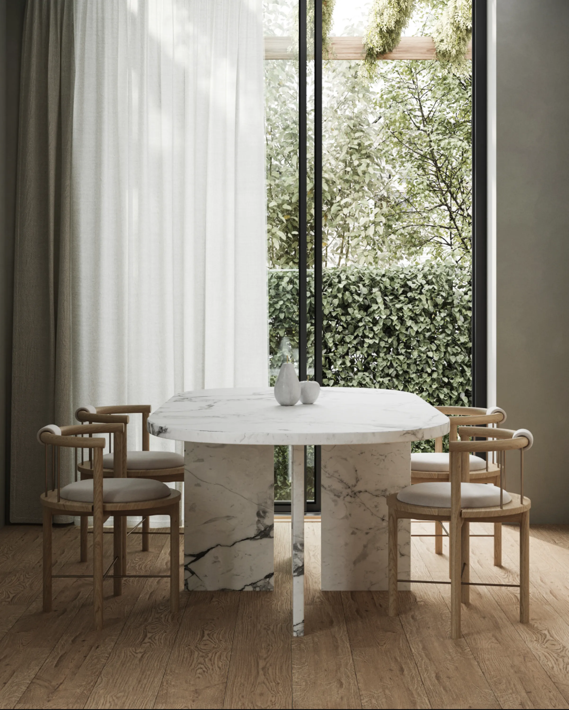 Biophilic dining area next to a full-height window that looks into a small patch of greenery.