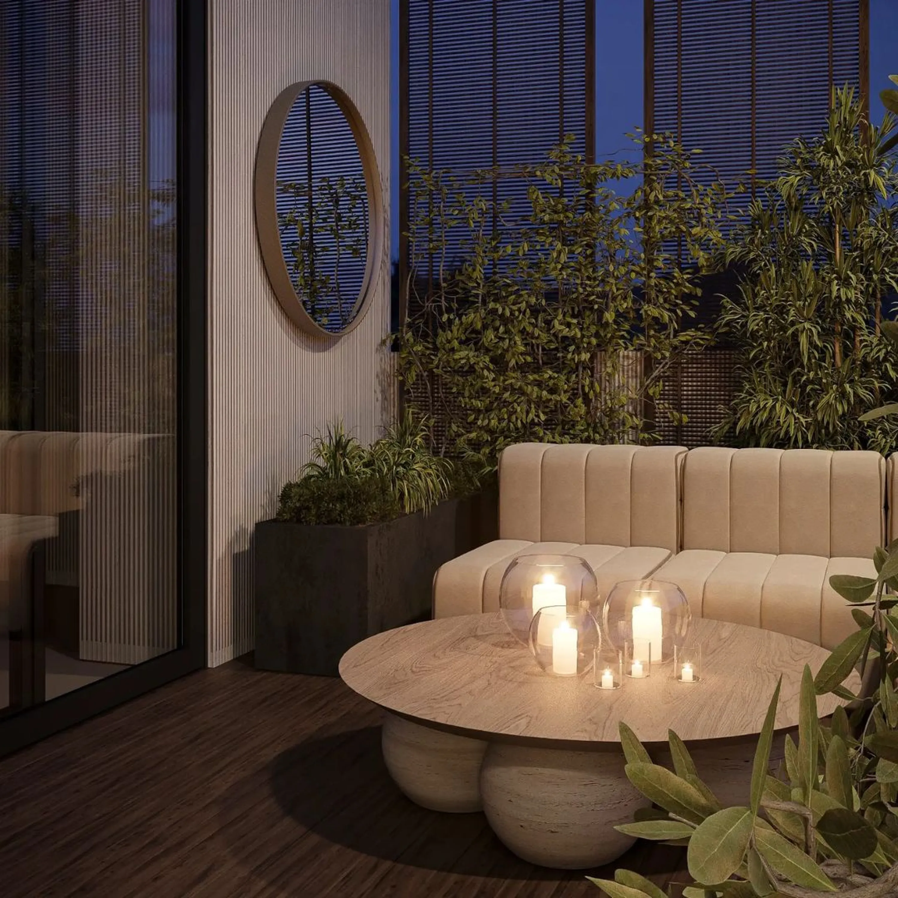 Dark outdoor space lit with candles.