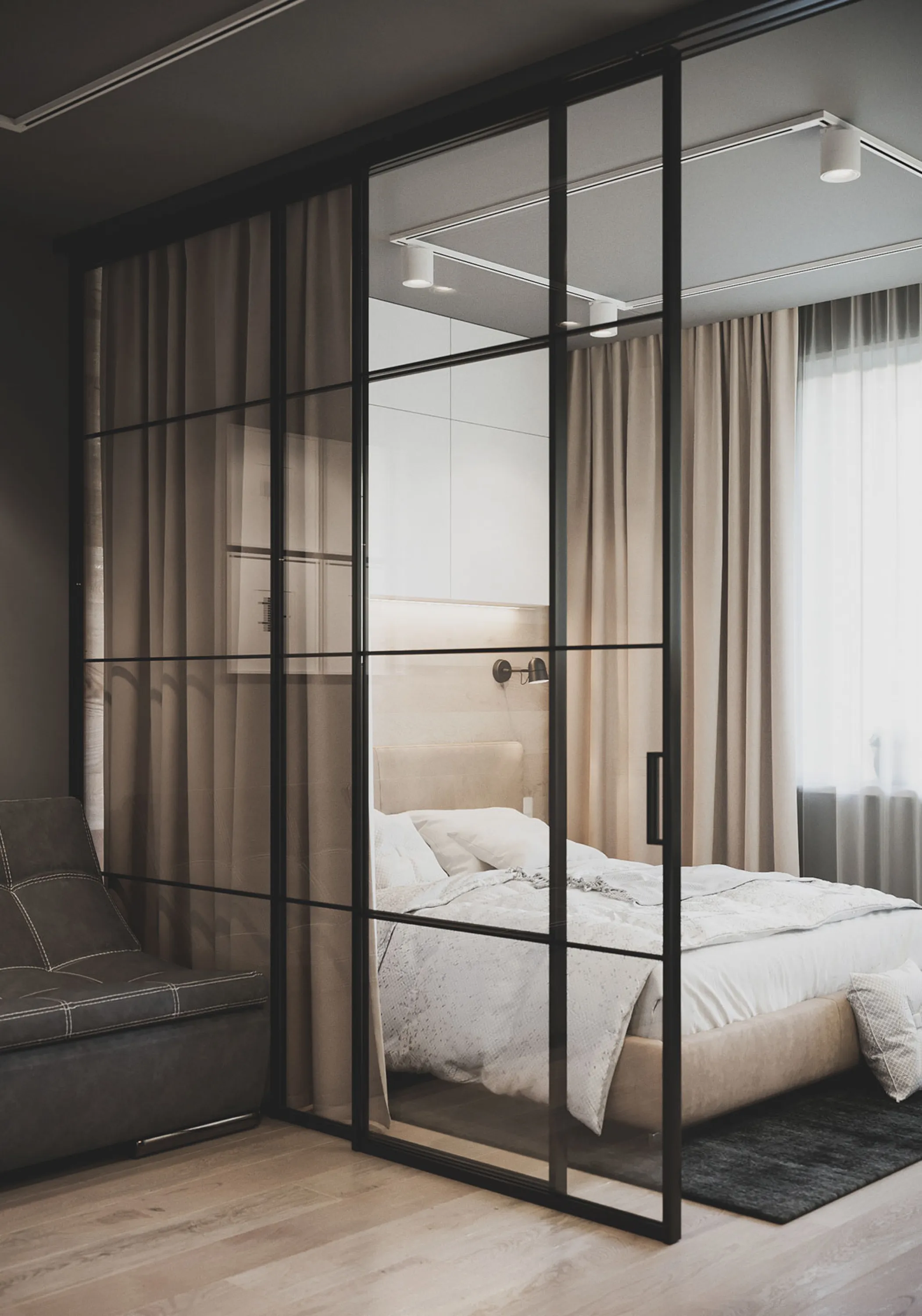 Bedroom encosed by a glazed wall and given privacy with a curtain.
