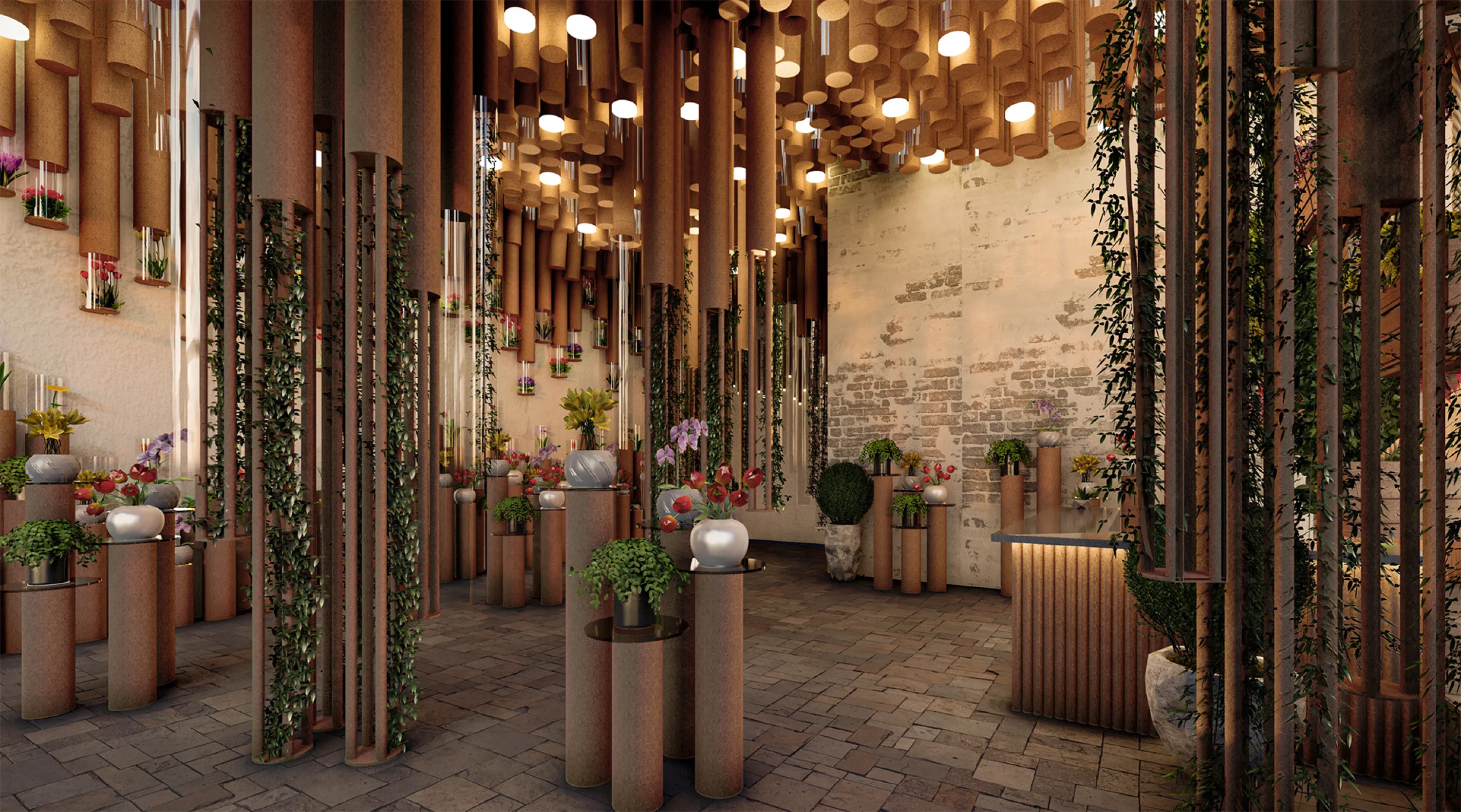 Store with hollow and plant filled columns creating a sense of mystery in the space.