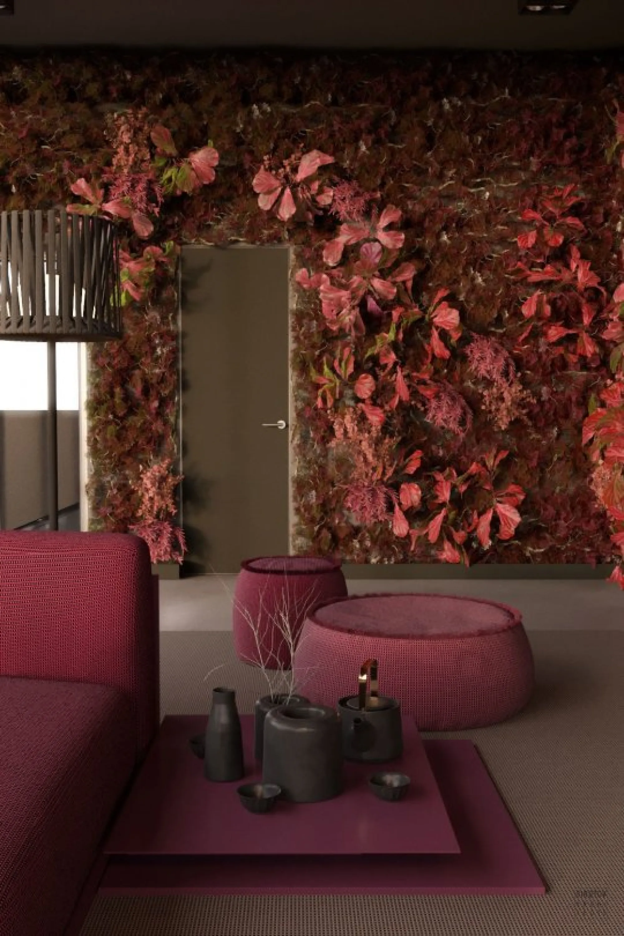 Living room with a vertical garden in the tones of red.
