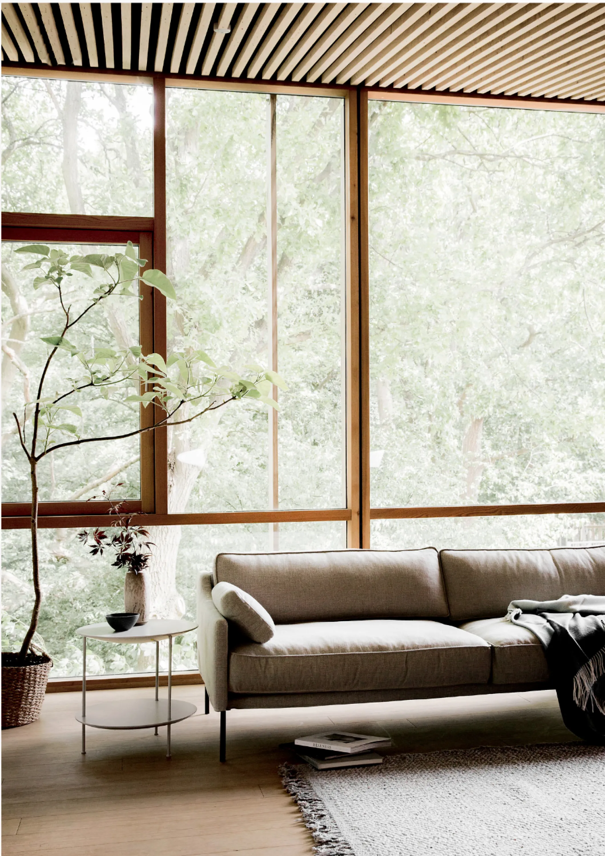 Full-height window in a minimalist living room, great example of biophilic design.