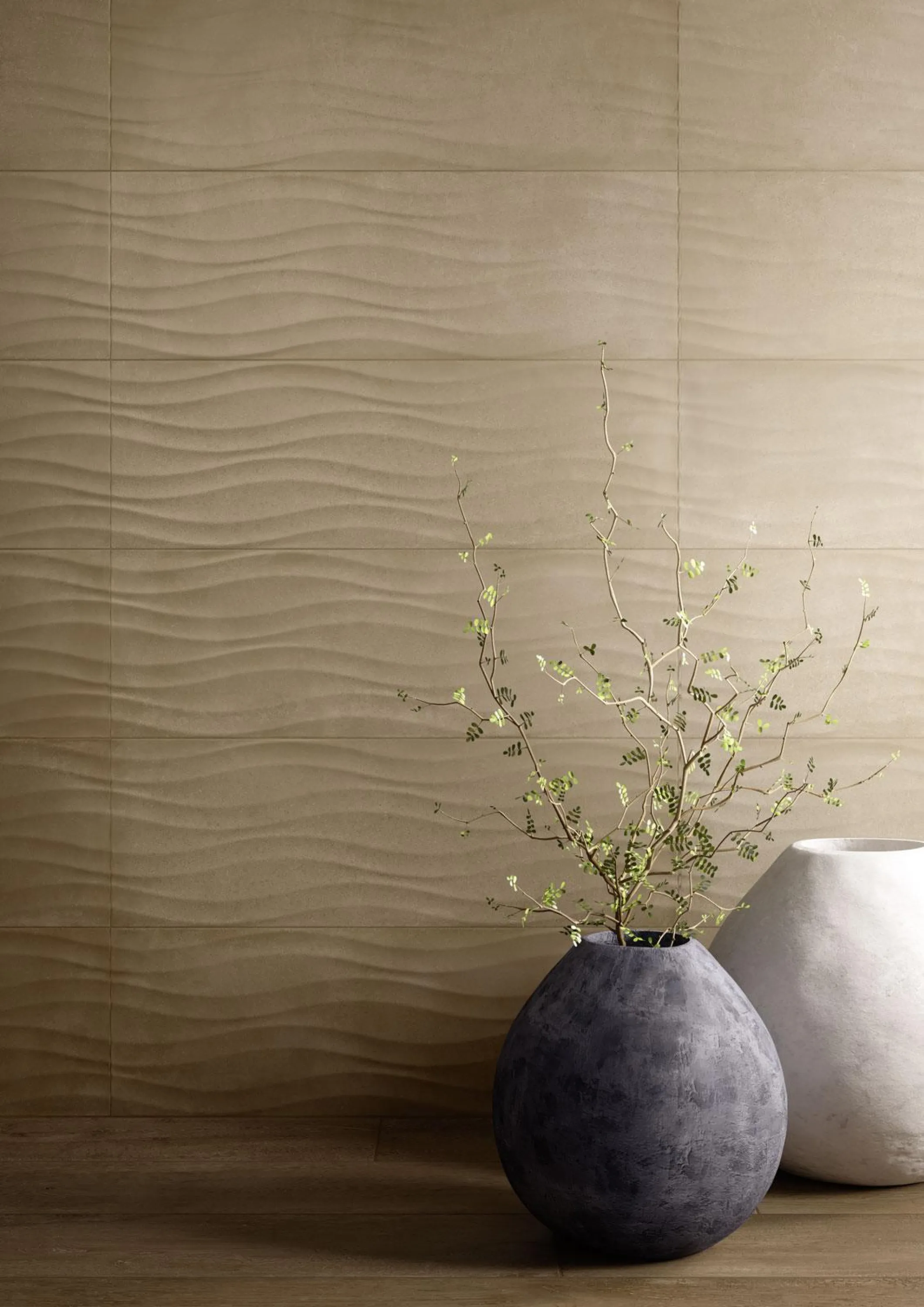 Tiles with wavy texture, a great example of biophilic design.