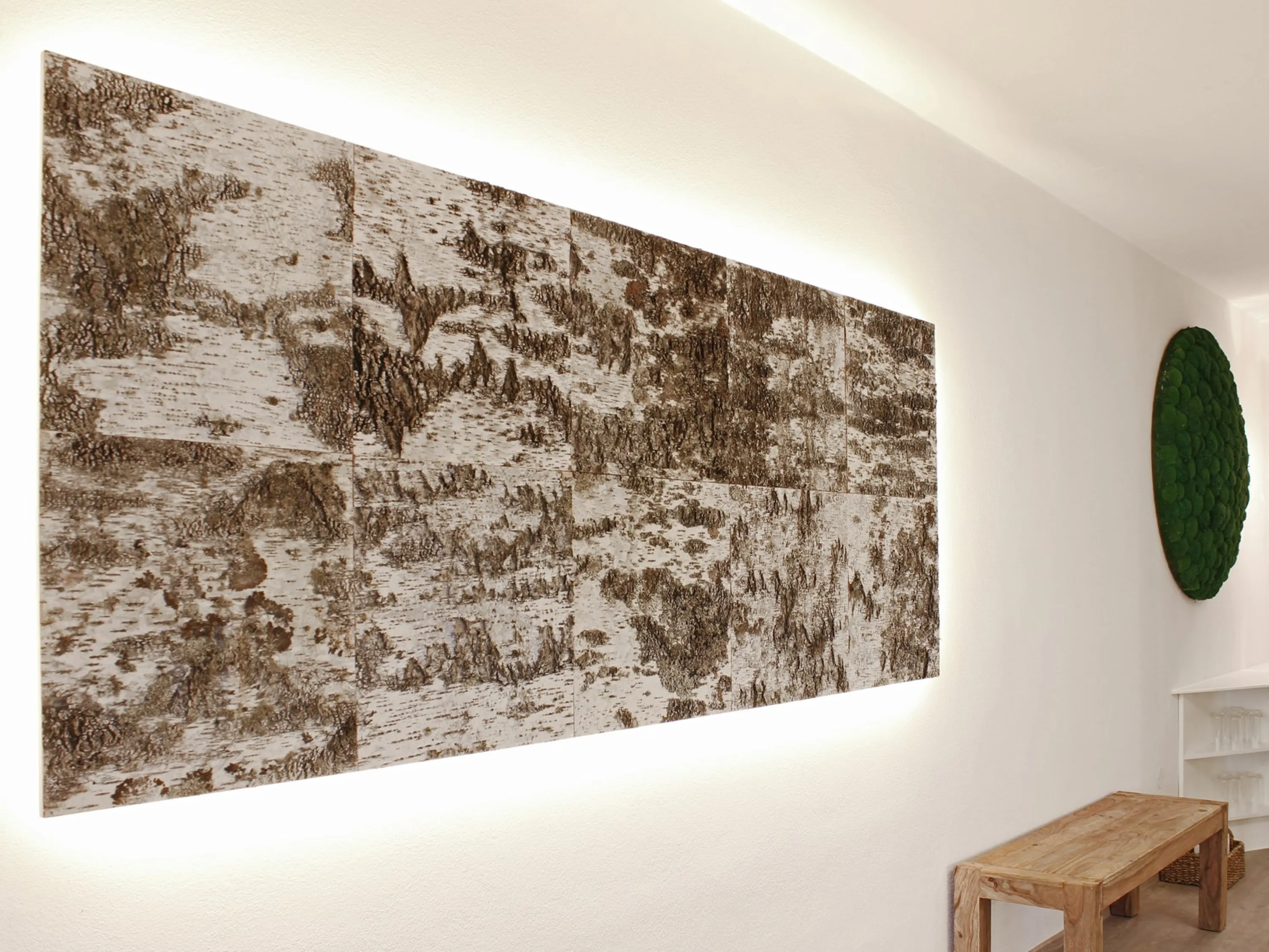 Birch bark wall artwork, a great example of biophilic design.