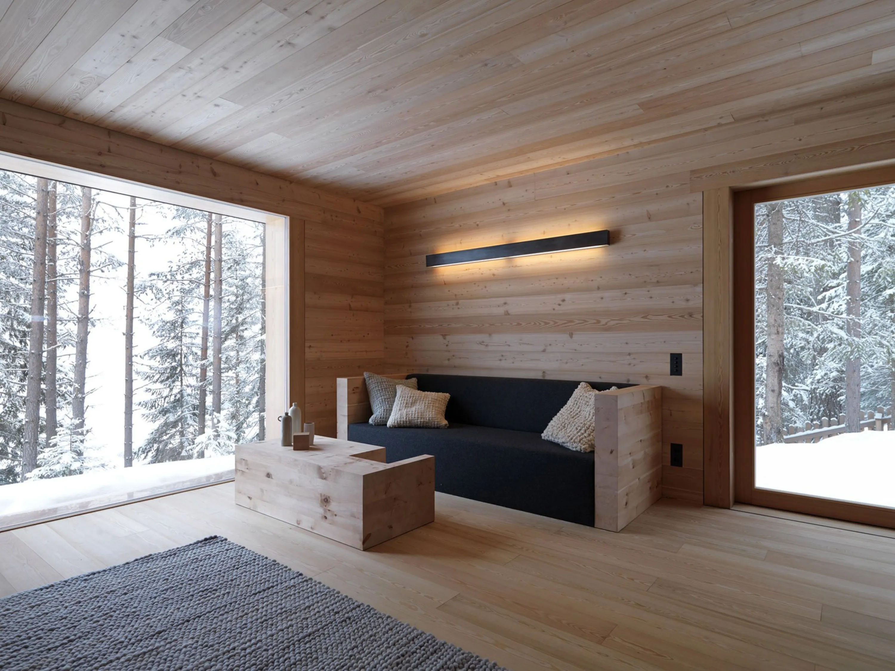 Wood panelling on floor and wall, great inspiration for a biophilic design.