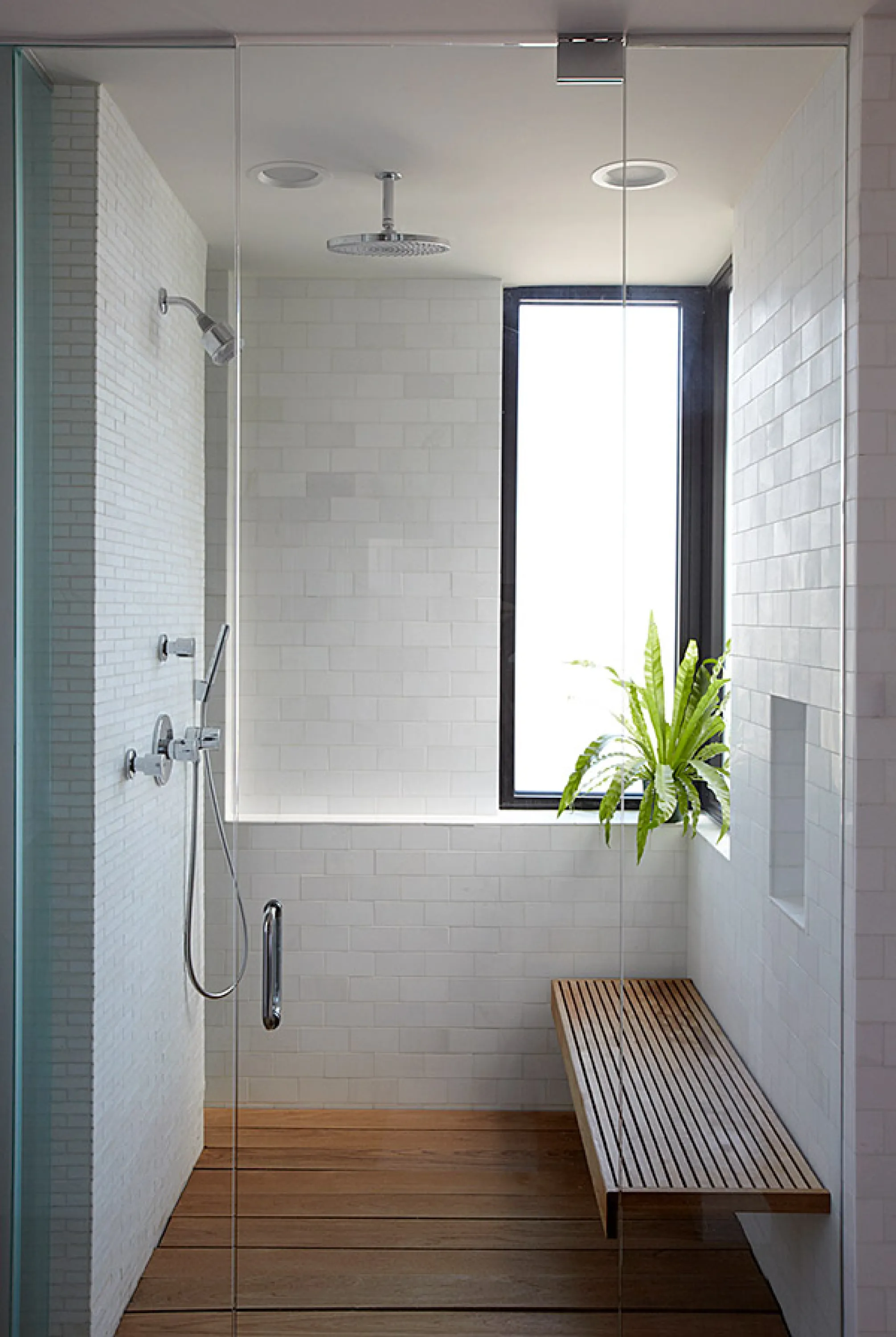Walk-in shower, great option to create a refuge area in a biophilic design.