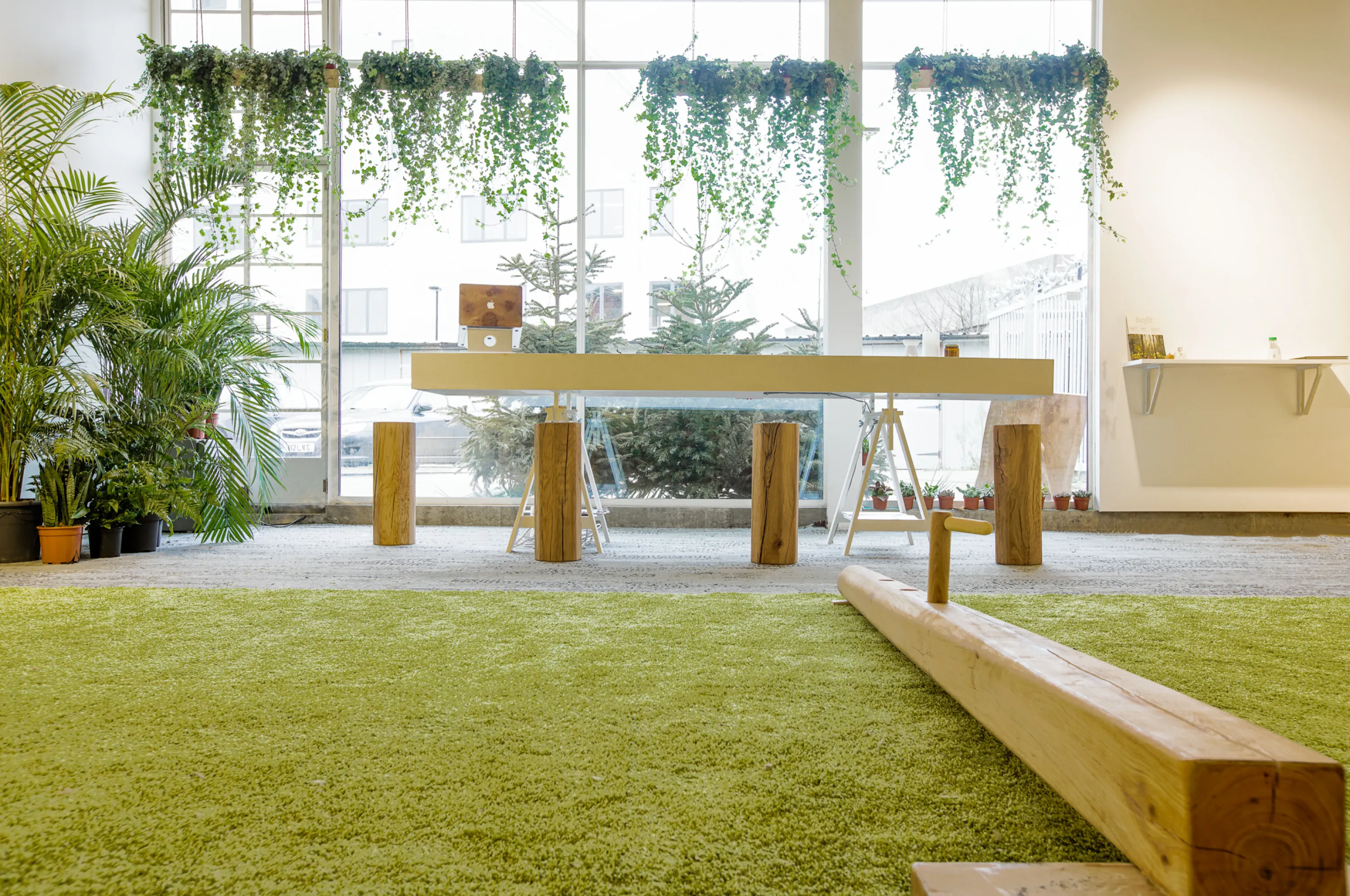 View of a biophilic gym showing wide floor-to-ceiling windows that let in a lot of natural light.