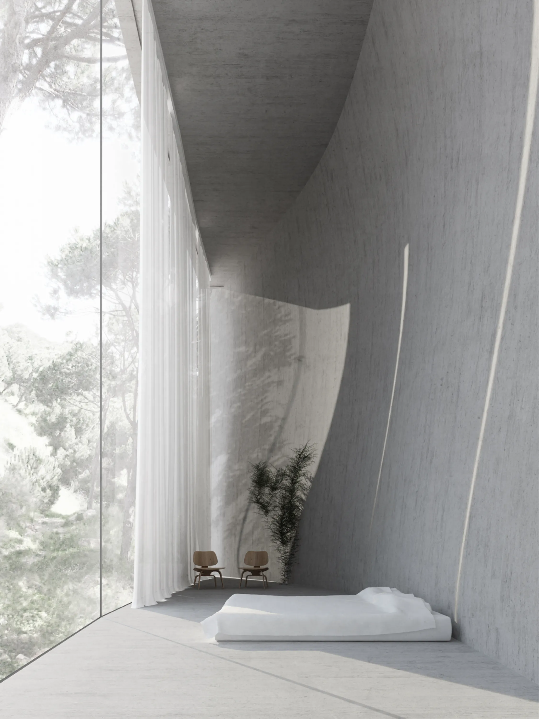 Full-height window looking into the forest, great option to create a sense of risk in a biophilic design.