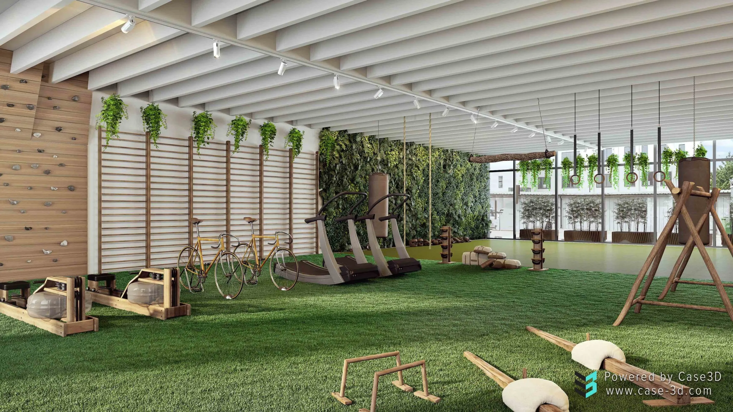 3D view of the different areas of a biophilic gym, all seamlessly tied together.