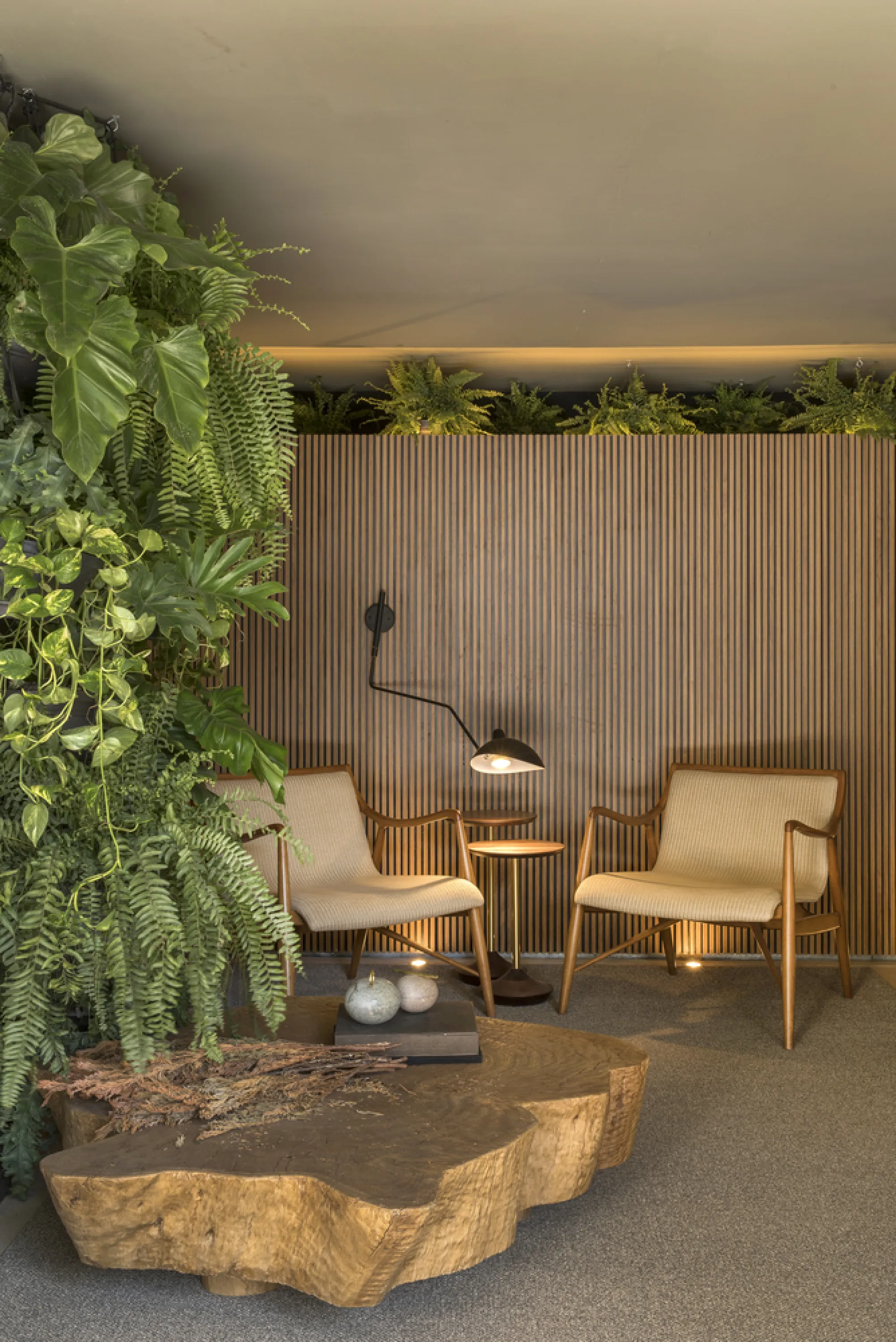 A seating area in a room with a vertical garden on the side and more plants hanging from the ceiling.