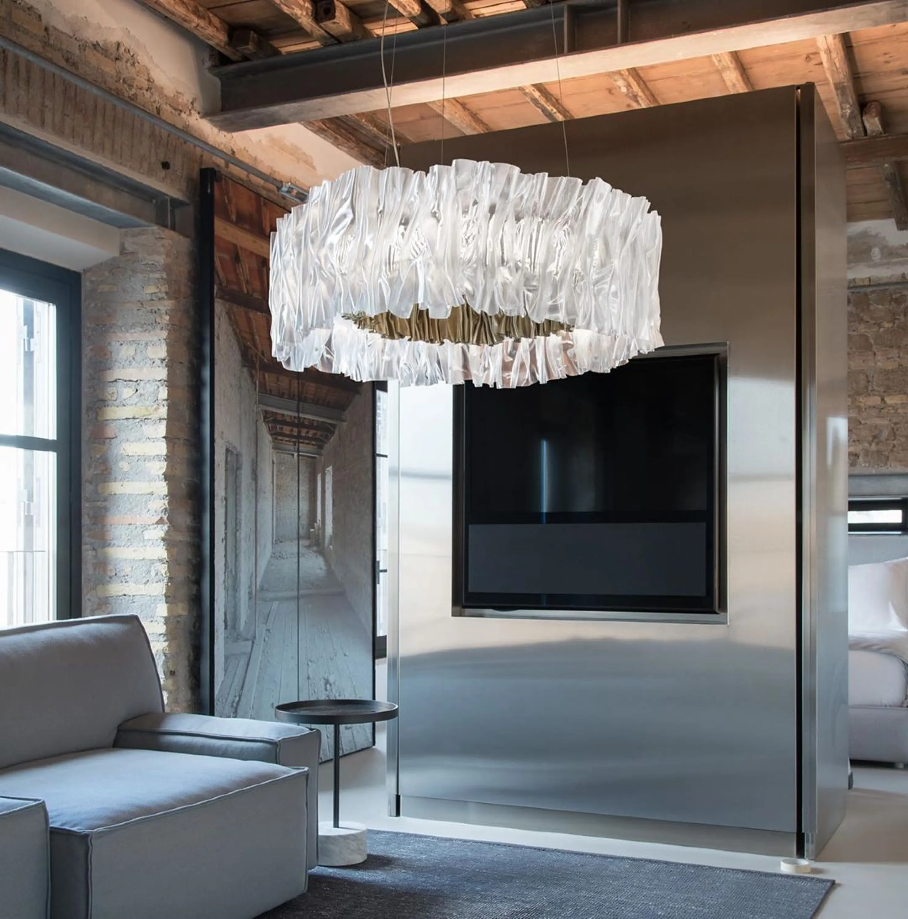 Contemporary interior with a big overhead pendant light.