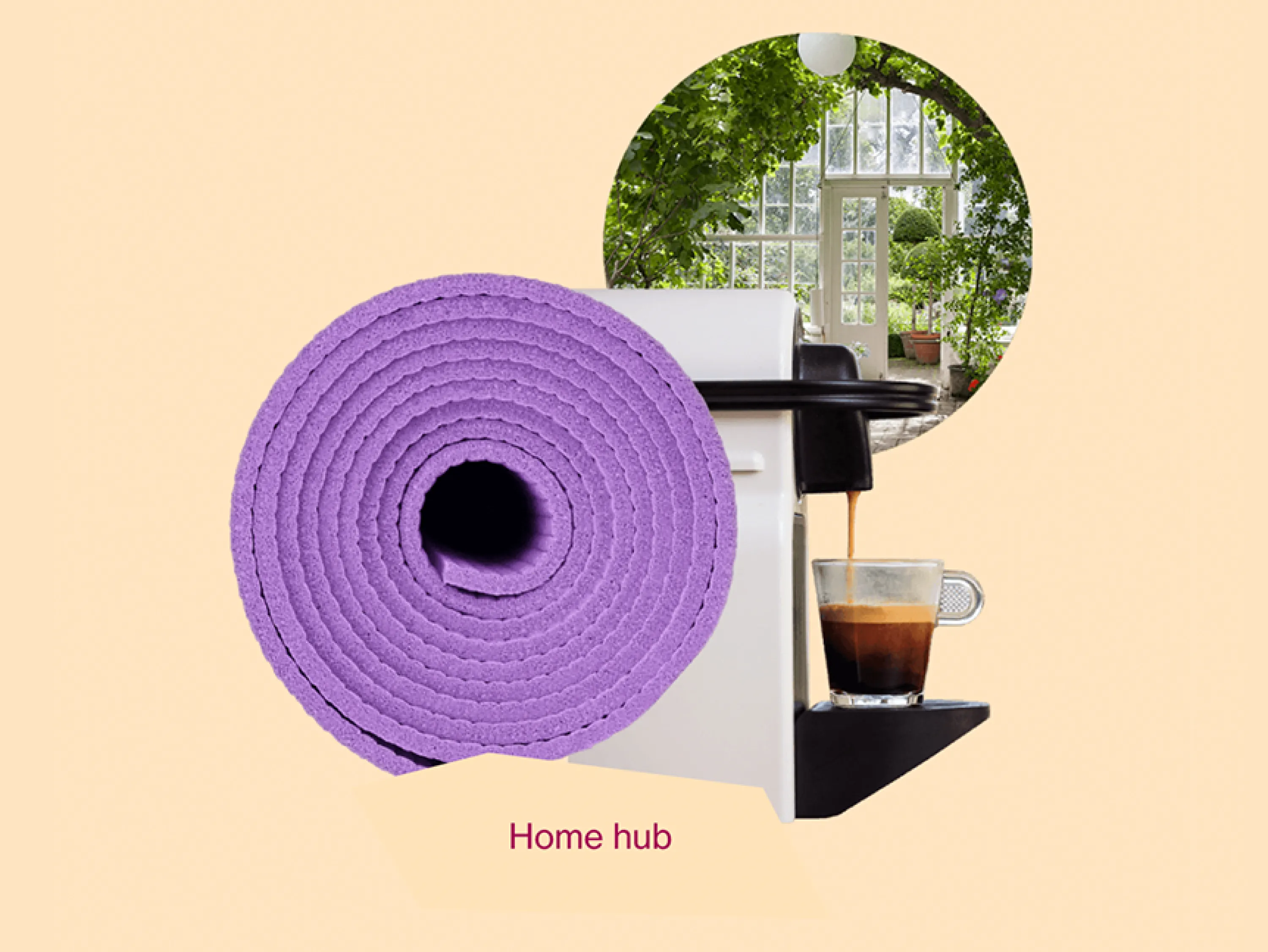"Home hub" graphic representing a yoga mat, a coffee machine and a room full of greenery.