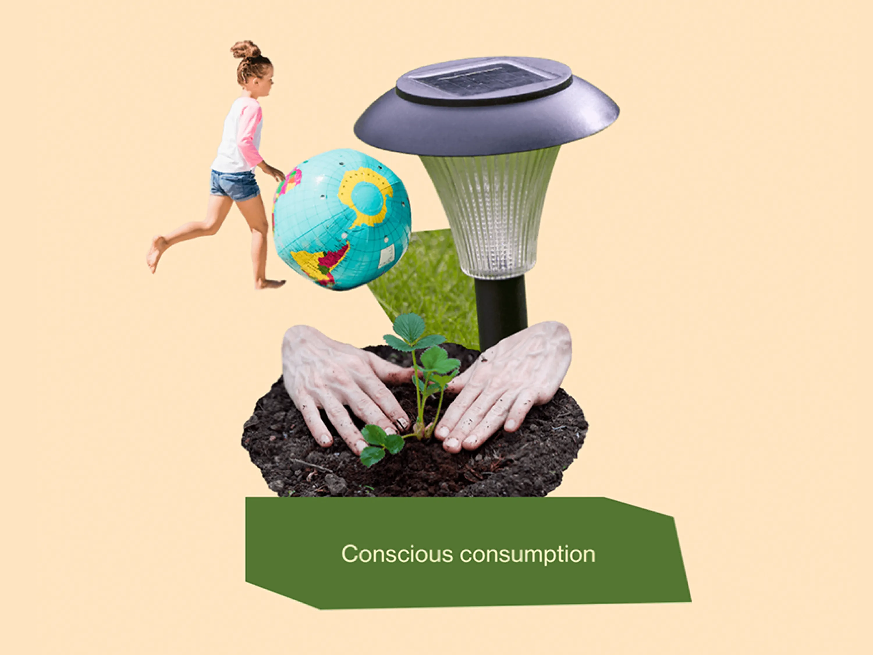 "Conscious consumption" graphic representing a young girl running, a solar lamp and two hands working in soil.