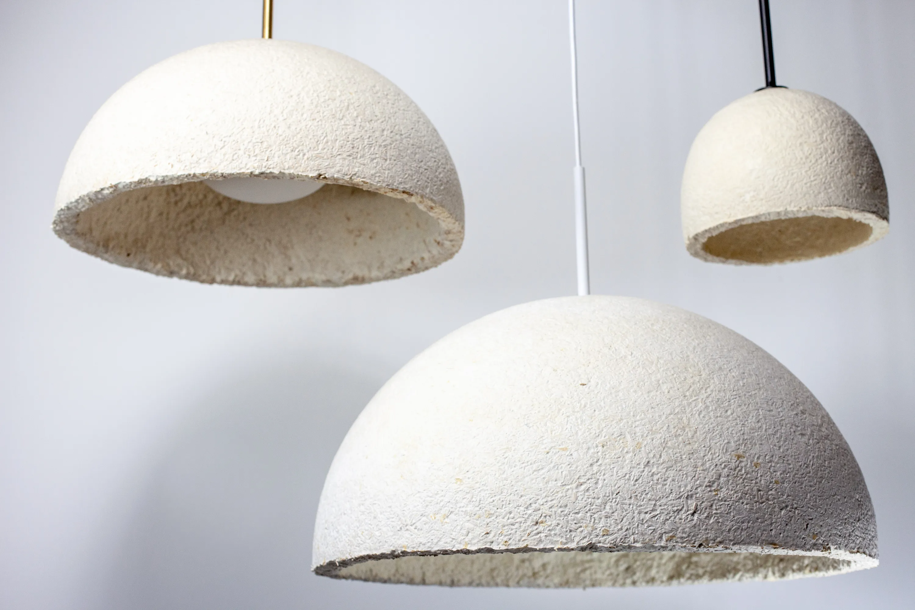 Mycelium pendant lamps with metal cable holder.