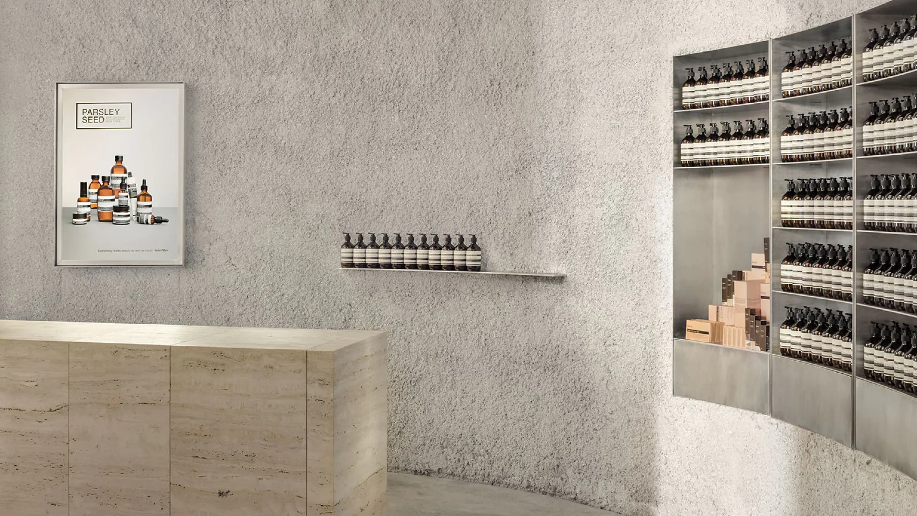 View of the store counter behind the curved wall.