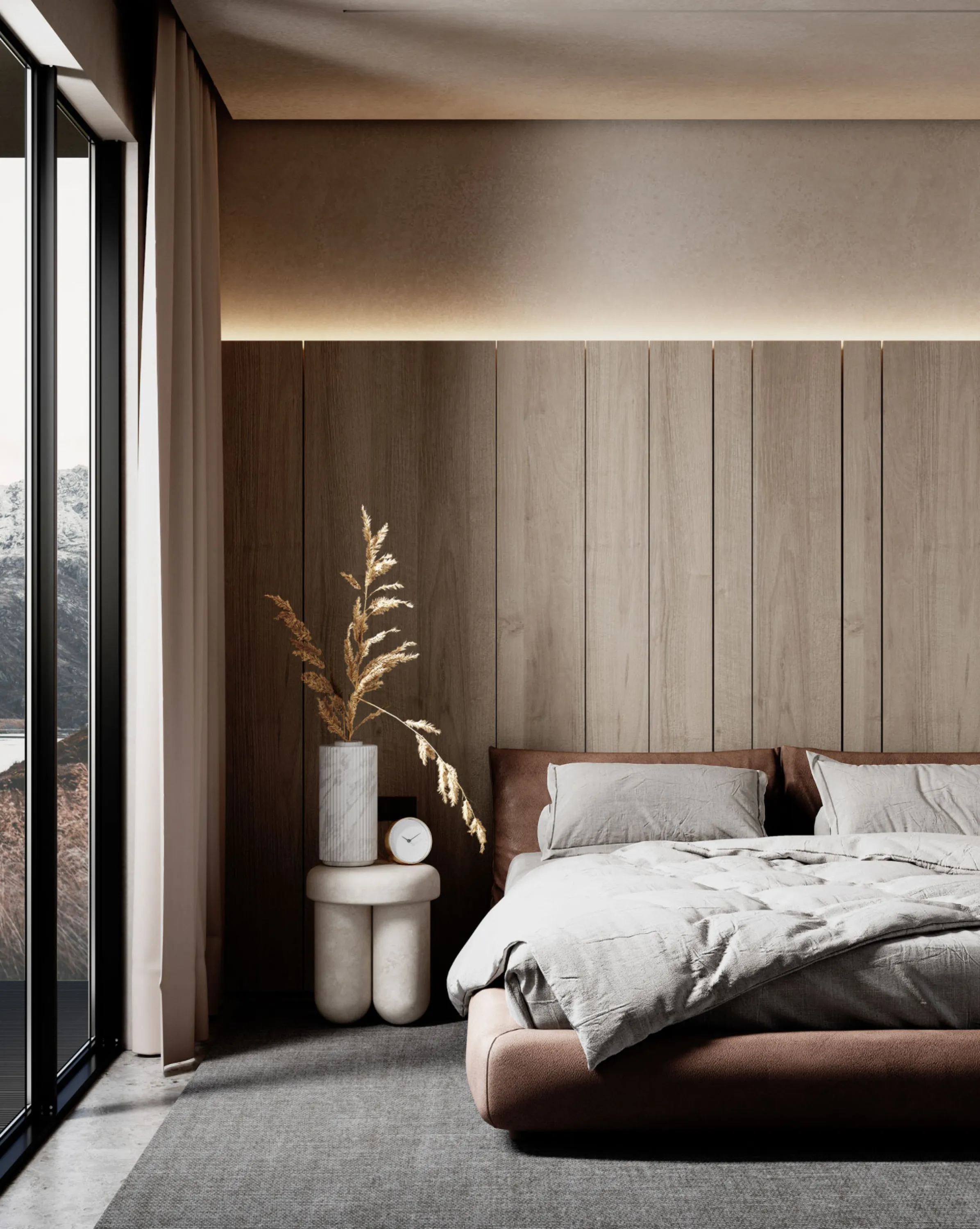 Bedroom with rich natural materials and a big view to the outdoors.